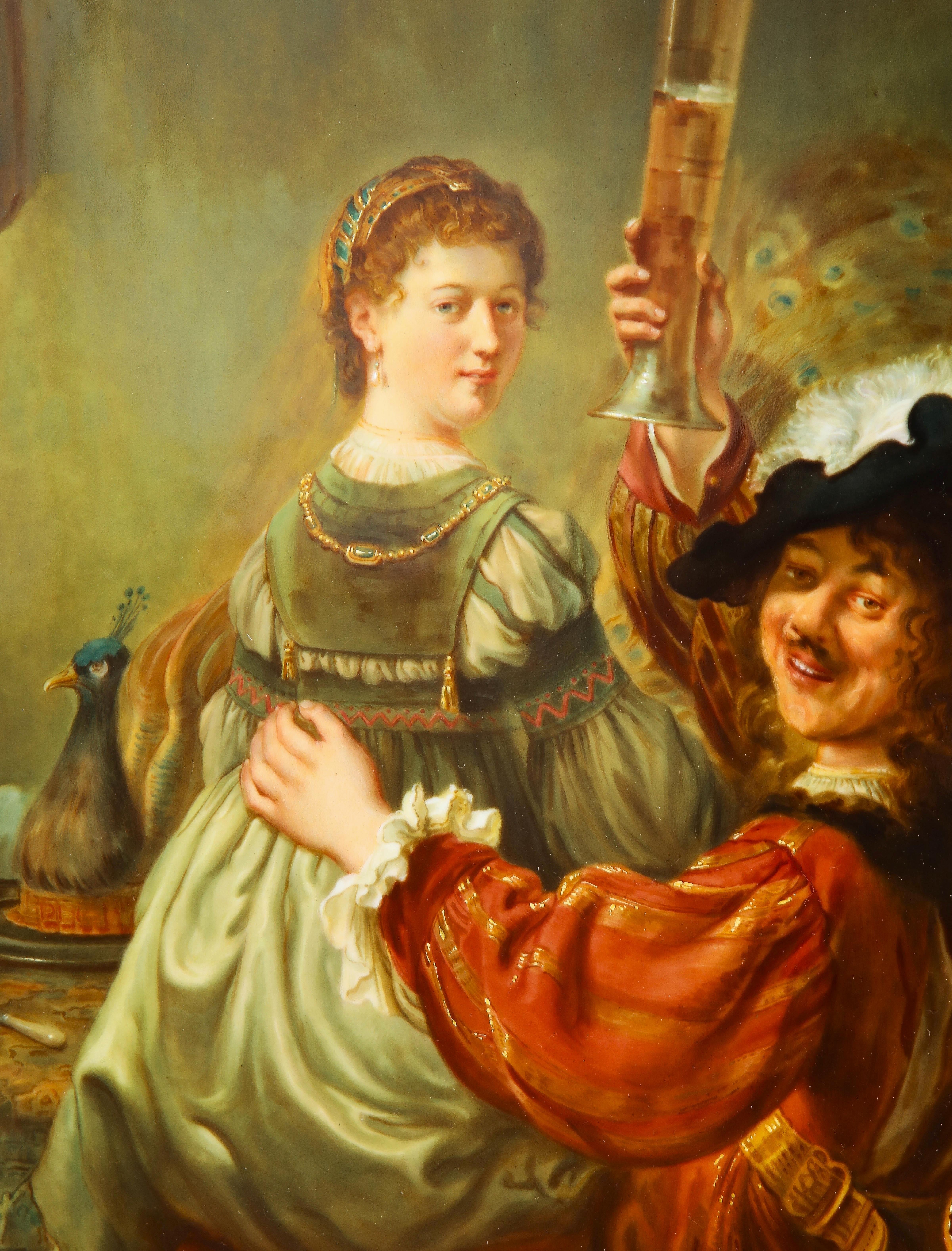 Meissen Porcelain Plaque aus dem 19. Jh. mit der Darstellung von Rembrandt und Saskia in der Taverne (Deutsch) im Angebot