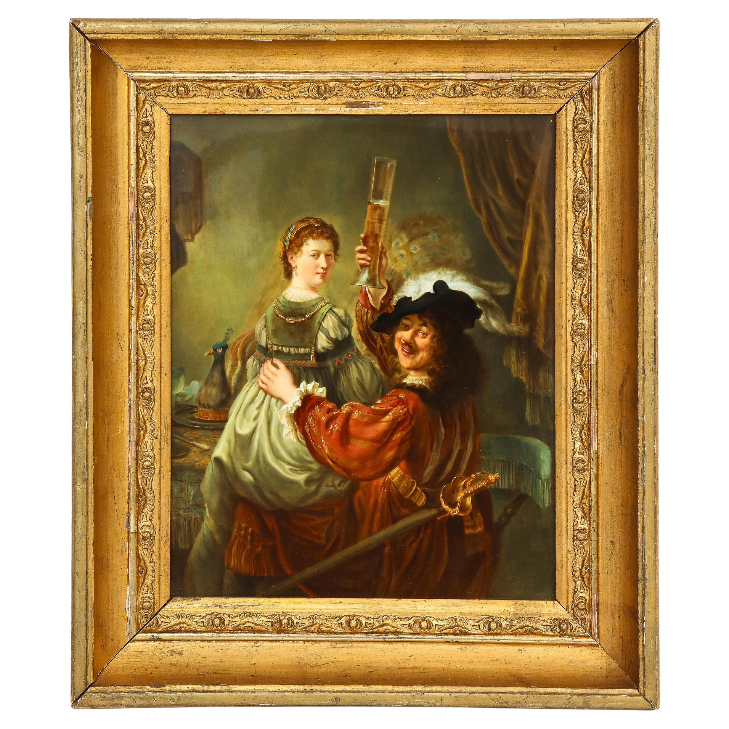 19th C. Meissen Porcelain Plaque Depicting Rembrandt and Saskia in the Tavern