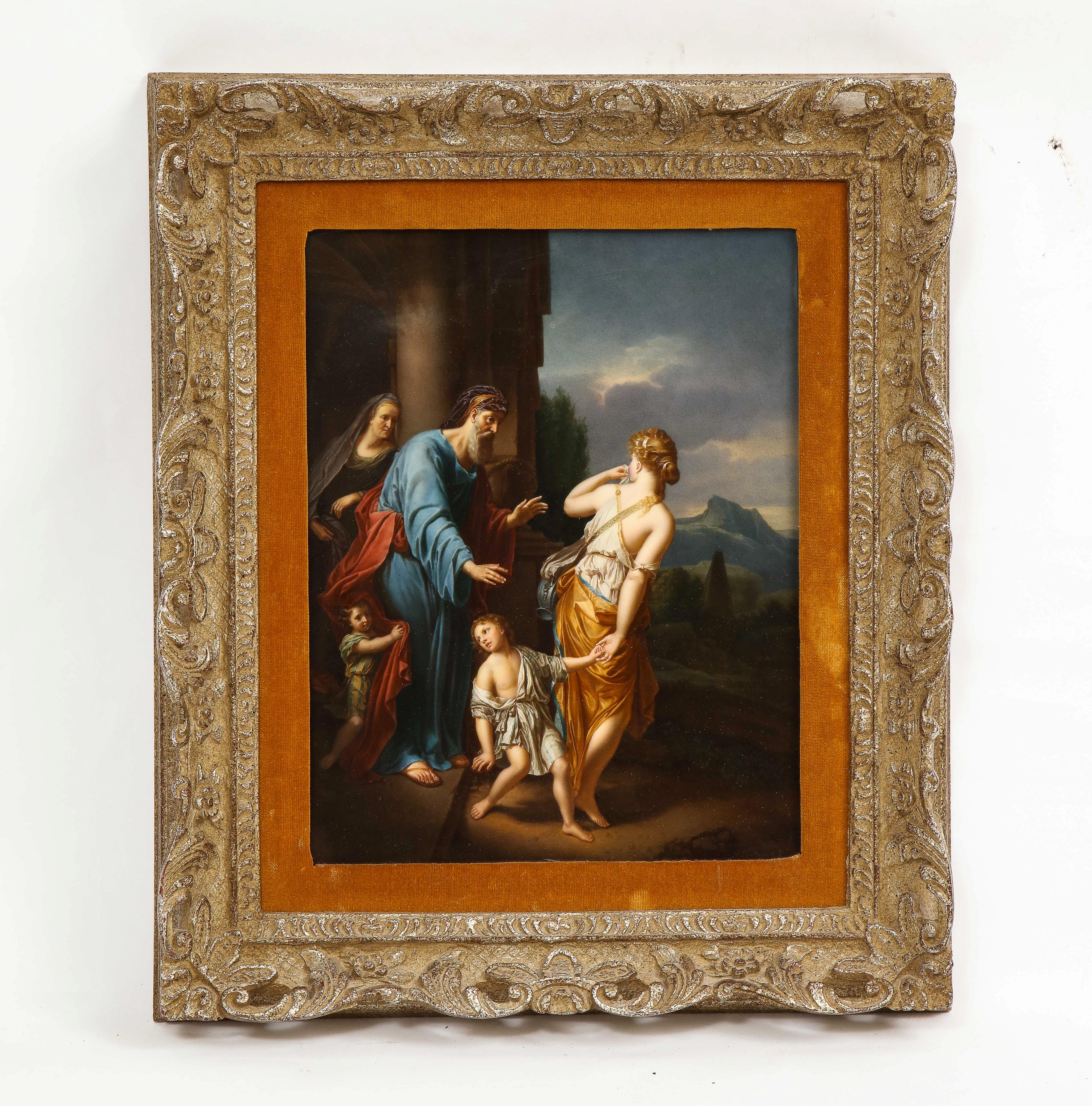 A 19th Century Meissen Porcelain Plaque of 'The Banishment of Ishmael and Hager', in its Original Frame. This fantastic Meissen porcelain plaque depicts the biblical story of Abraham telling Hagar to leave. Abraham is seen with a white beard and