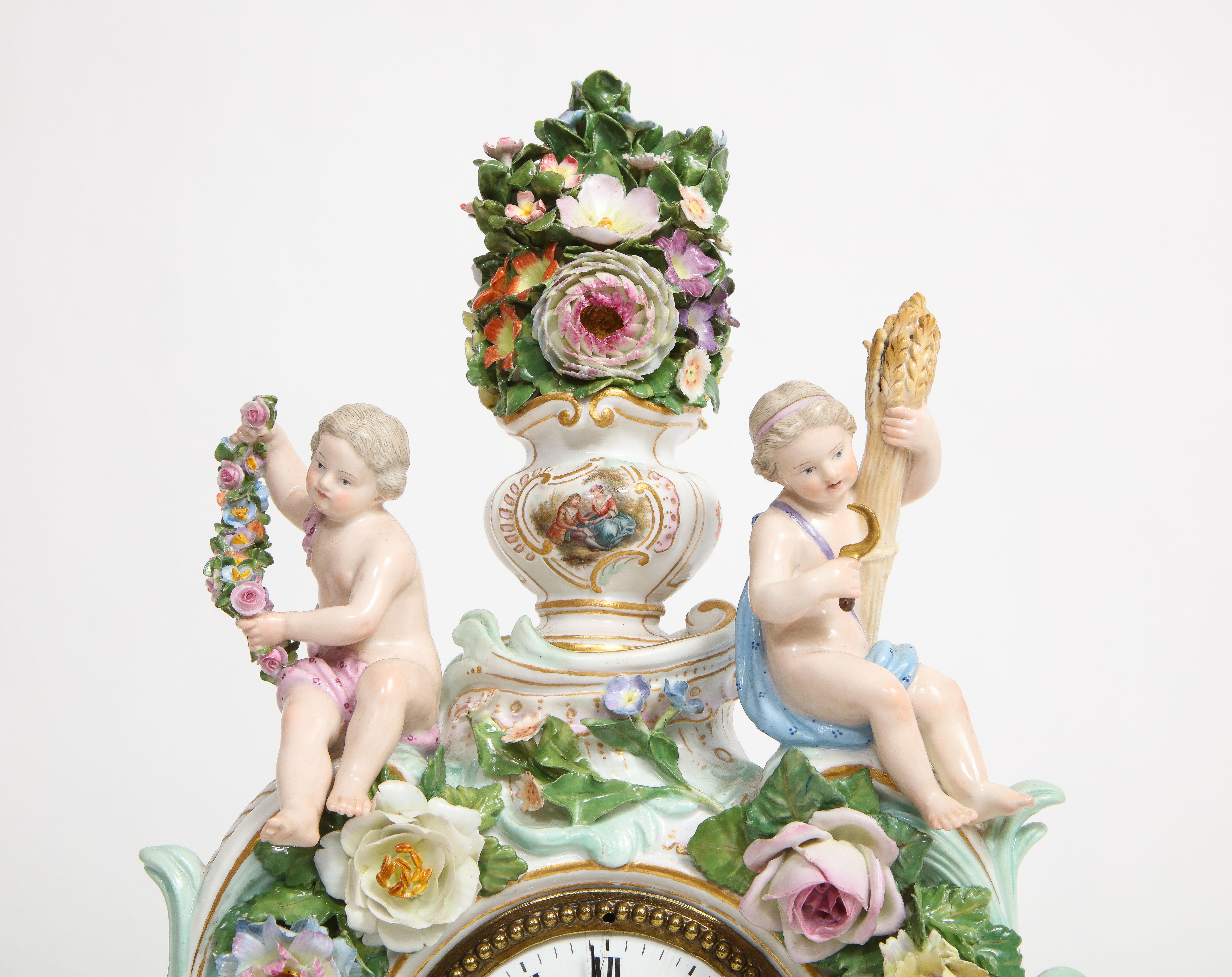 Bronze 19th C. Meissen Porcelain Rococo 4 Seasons Clock & Candelabra Garniture Set