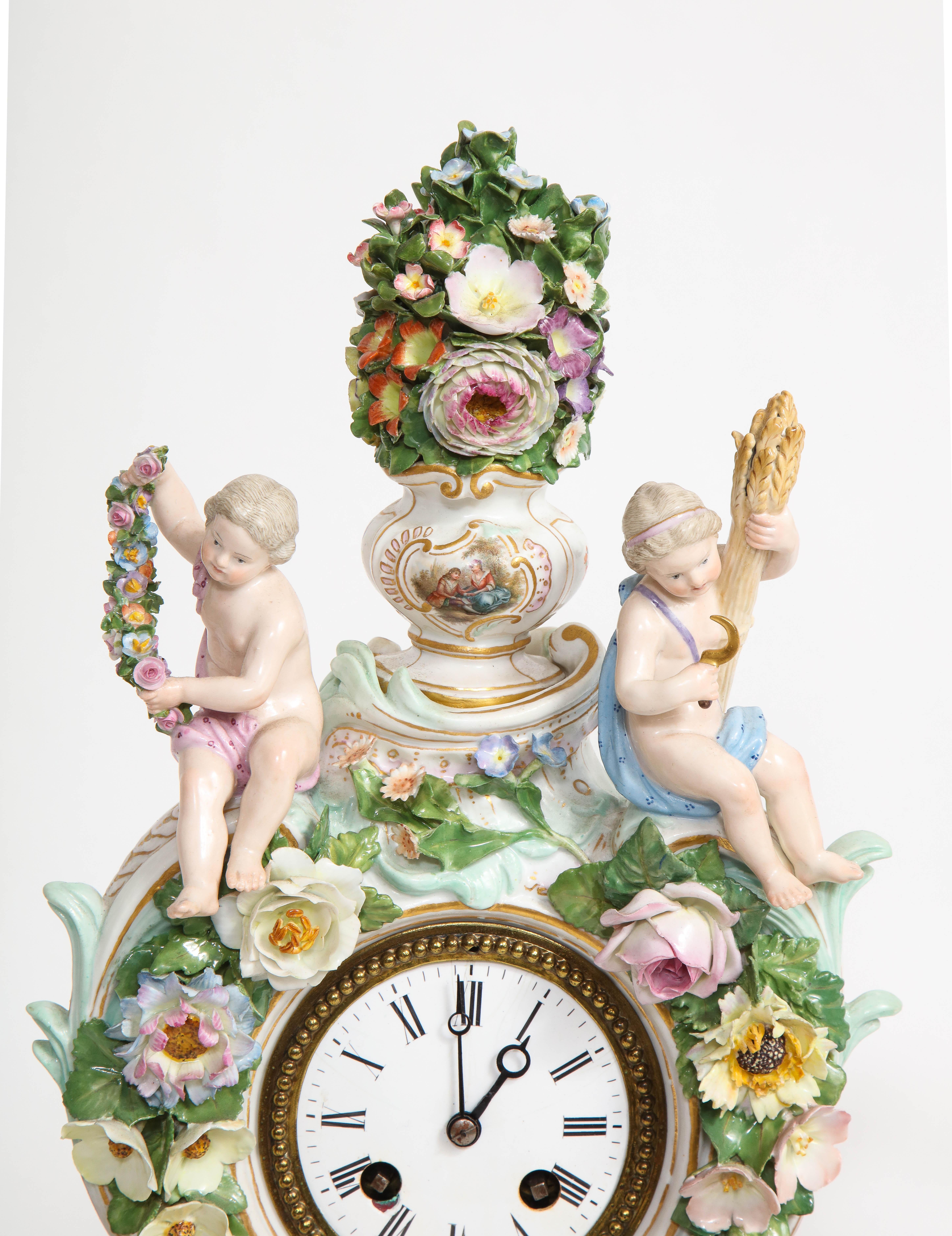 19th C. Meissen Porcelain Rococo 4 Seasons Clock & Candelabra Garniture Set 1