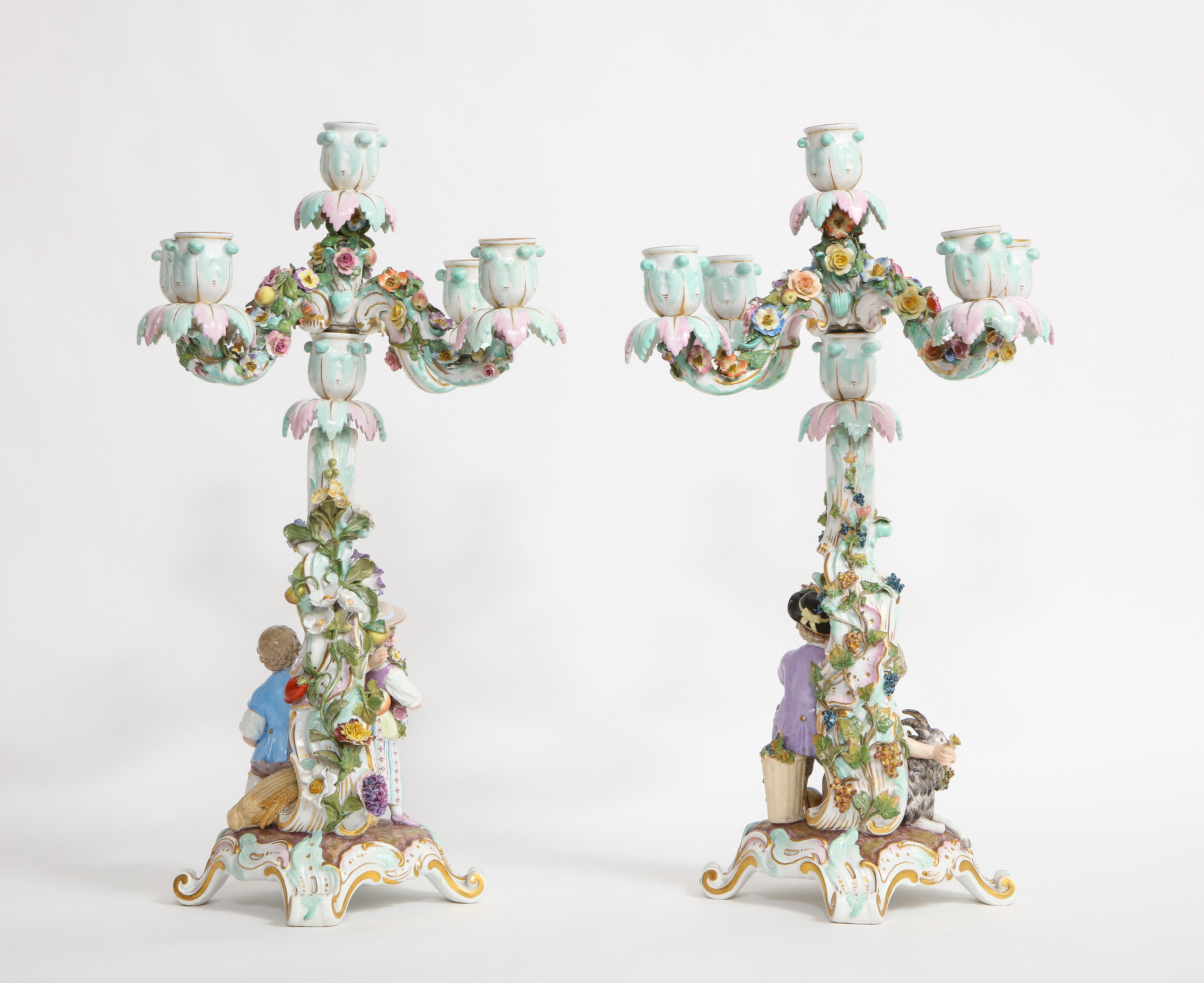 19th C. Meissen Porcelain Rococo 4 Seasons Clock & Candelabra Garniture Set 3