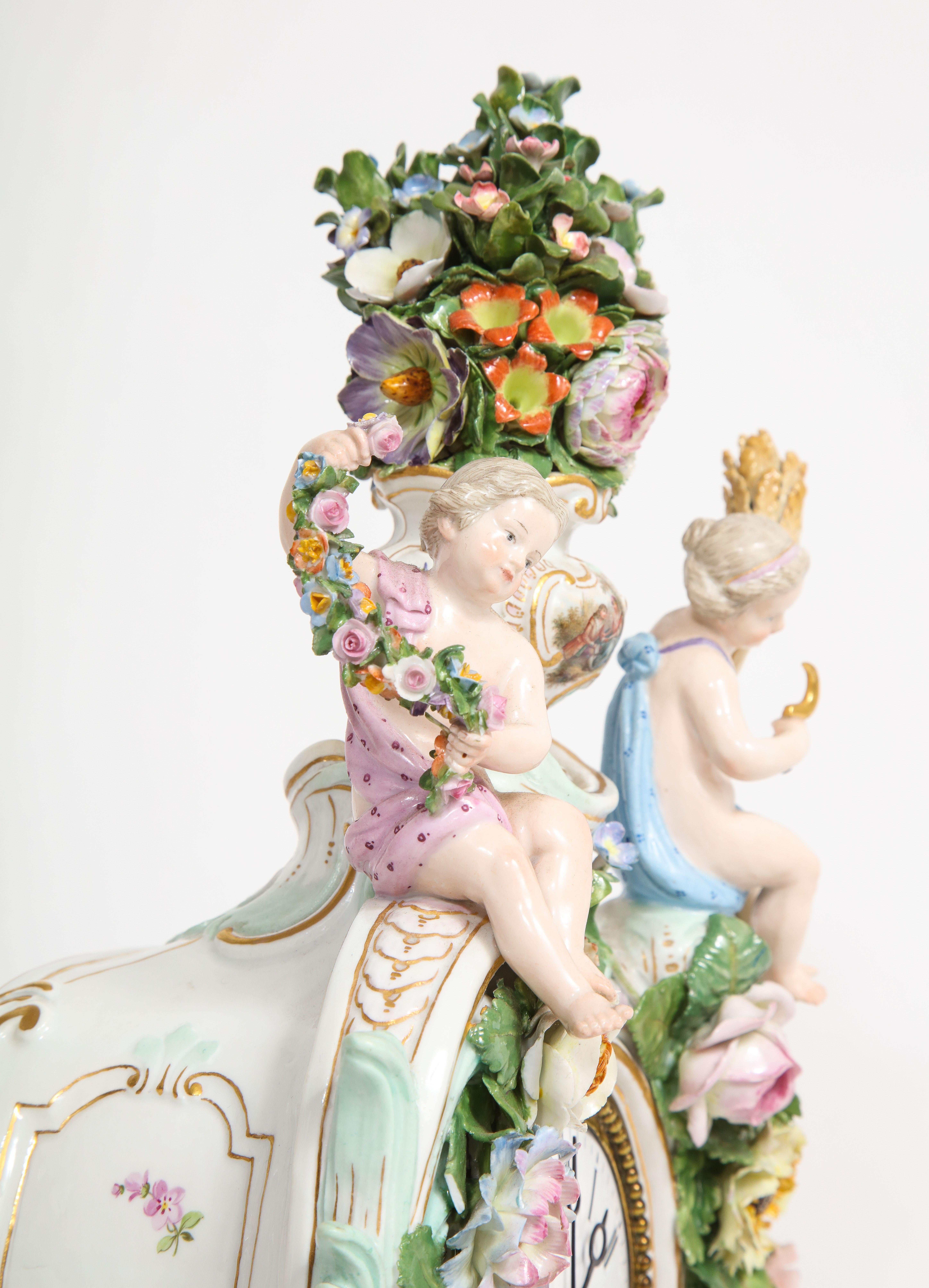 19th C. Meissen Porcelain Rococo 4 Seasons Clock & Candelabra Garniture Set 4