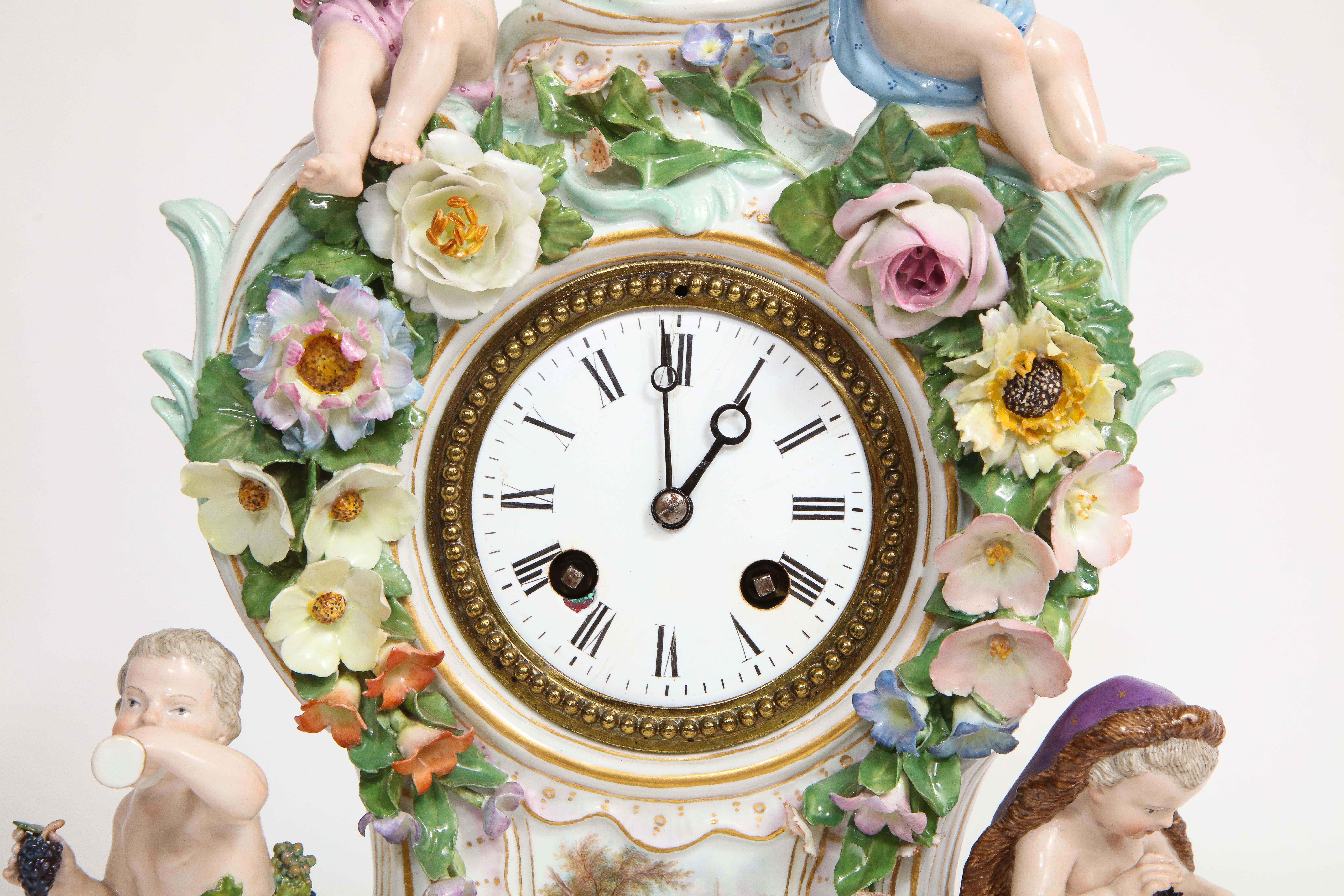 German 19th C. Meissen Porcelain Rococo 4 Seasons Clock & Candelabra Garniture Set