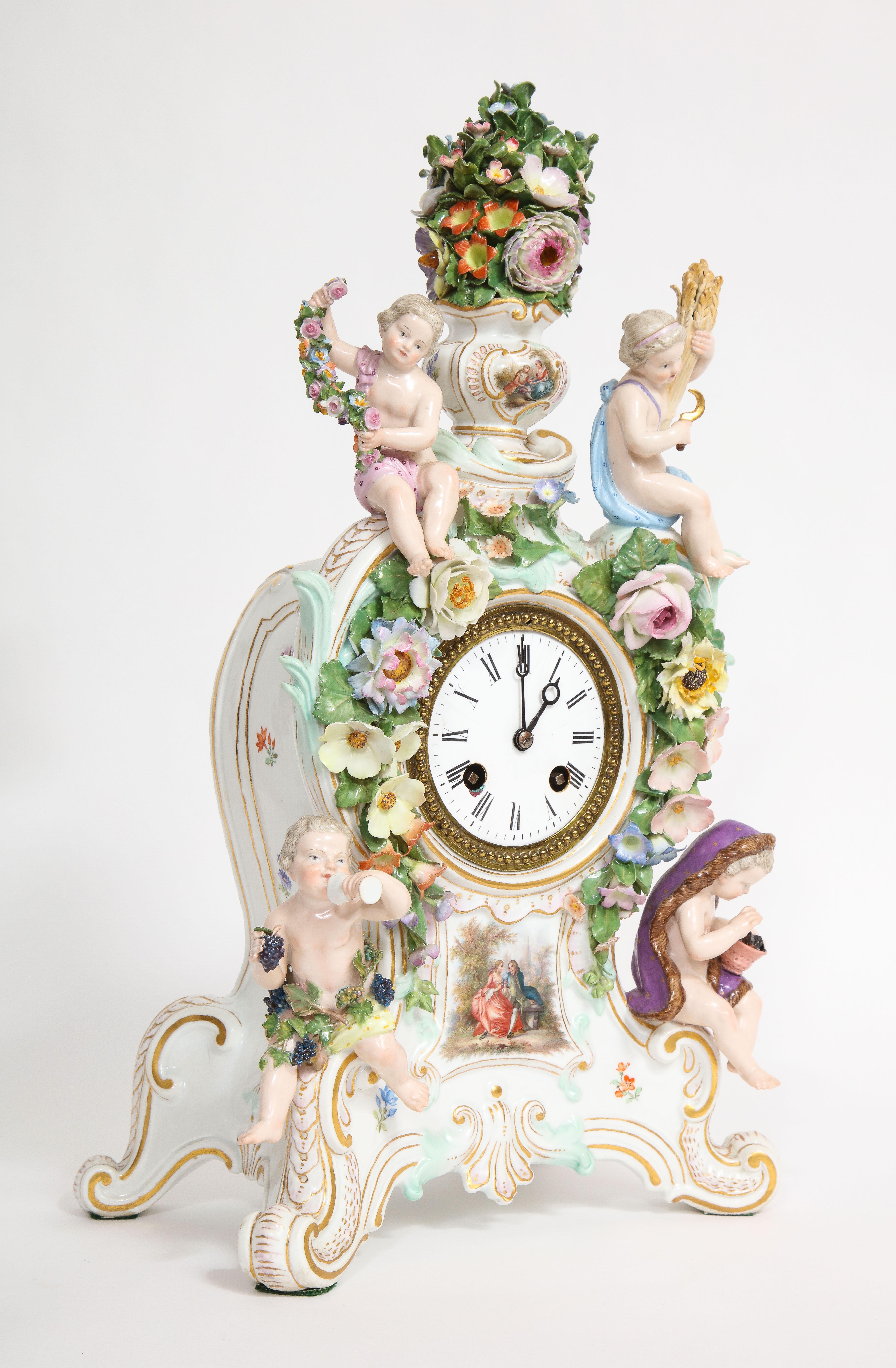 Hand-Carved 19th C. Meissen Porcelain Rococo 4 Seasons Clock & Candelabra Garniture Set
