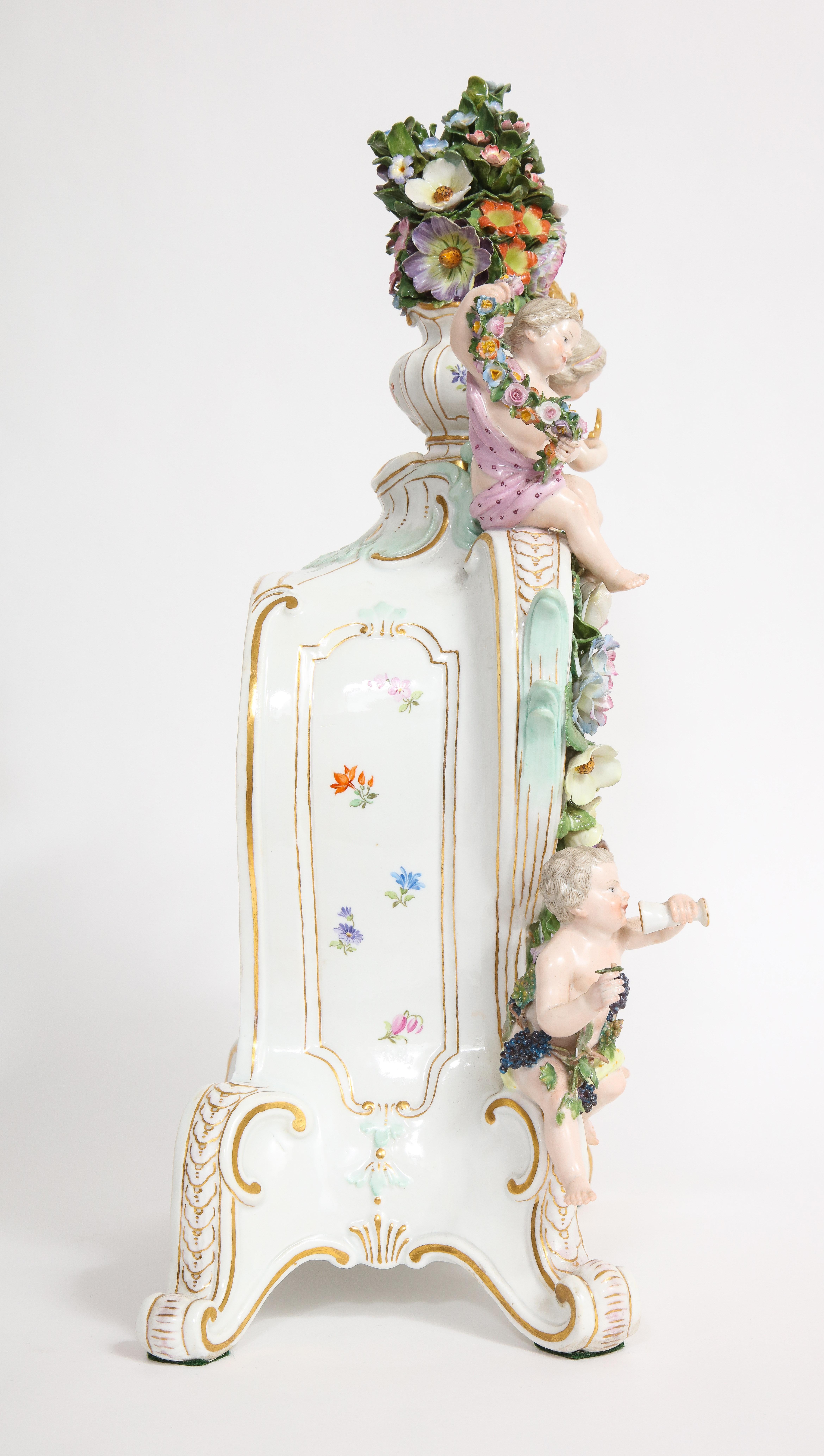 19th C. Meissen Porcelain Rococo 4 Seasons Clock & Candelabra Garniture Set In Good Condition In New York, NY