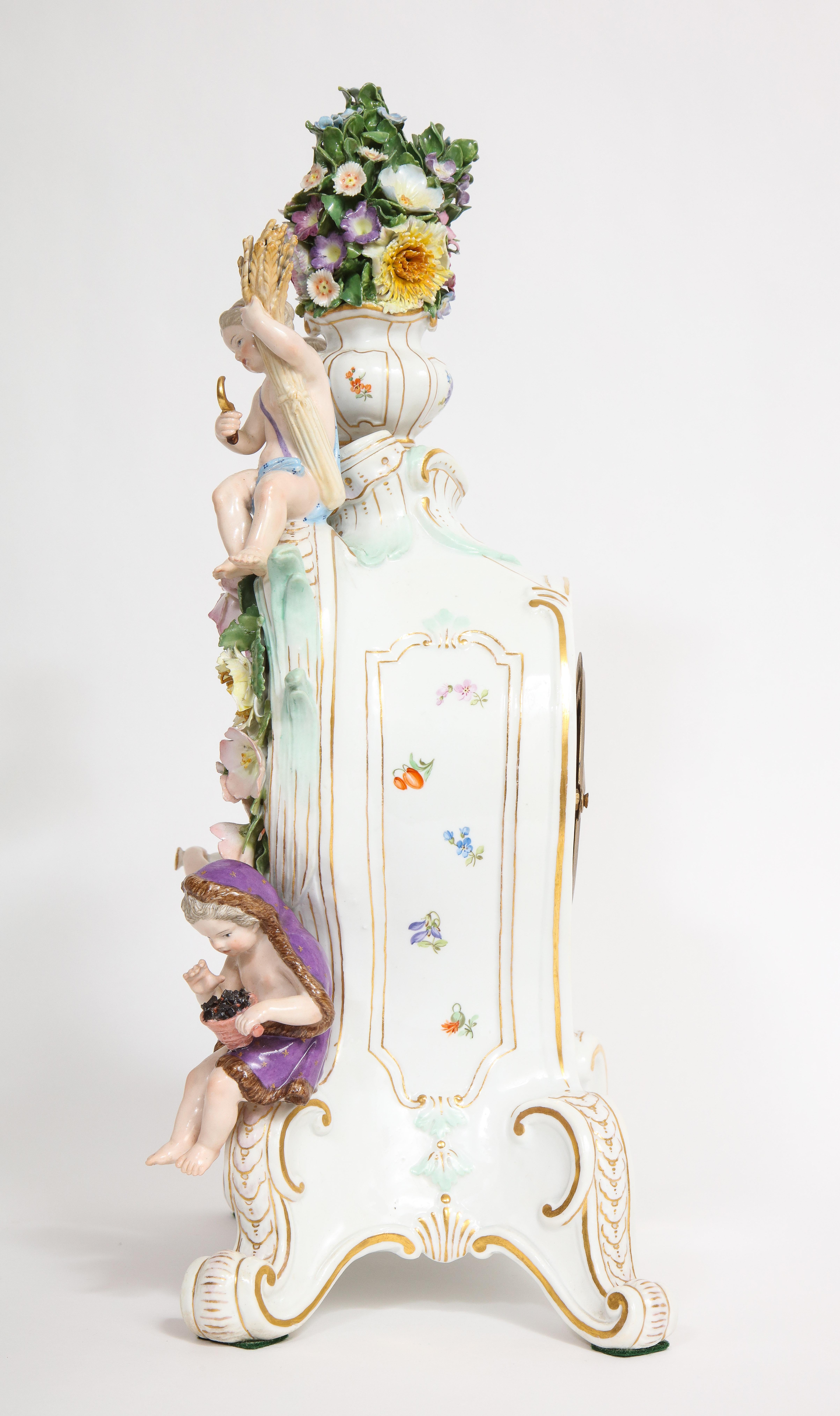 19th Century 19th C. Meissen Porcelain Rococo 4 Seasons Clock & Candelabra Garniture Set