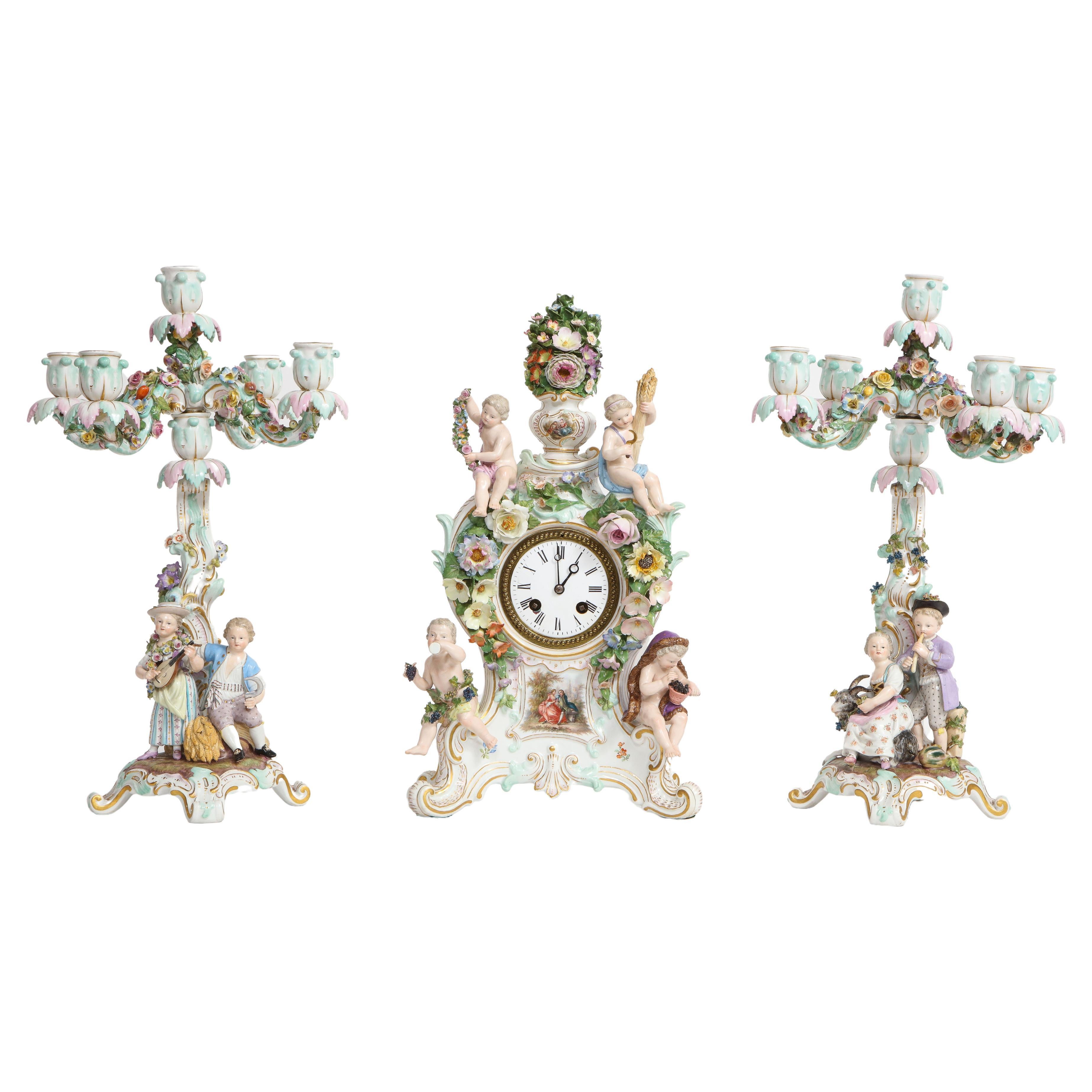 19th C. Meissen Porcelain Rococo 4 Seasons Clock & Candelabra Garniture Set