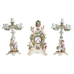 19th C. Meissen Porcelain Rococo 4 Seasons Clock & Candelabra Garniture Set