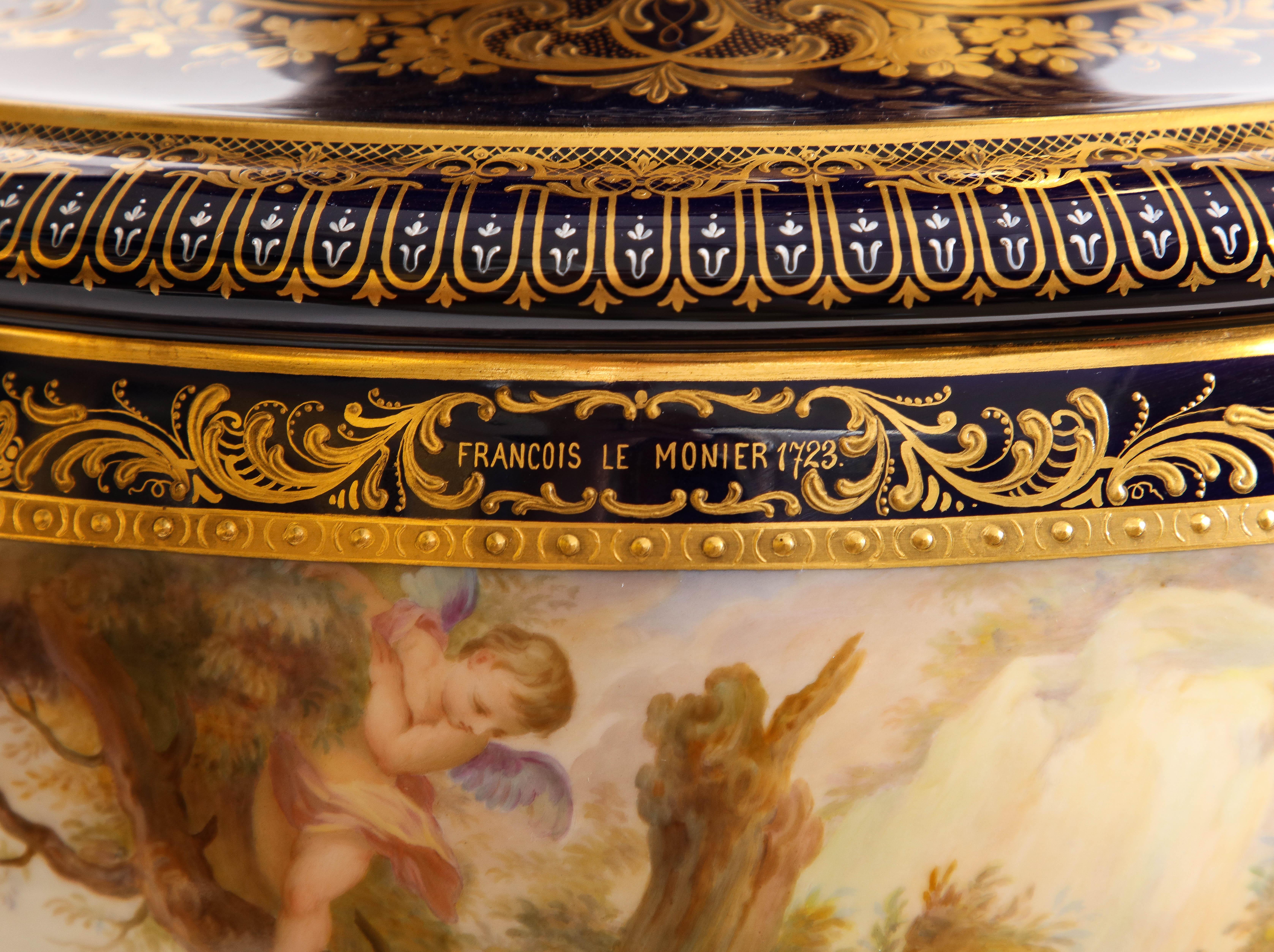 A 19th C. Monumental Cobalt Blue Royal Vienna Porcelain Vase w/ Watteau Scene For Sale 3