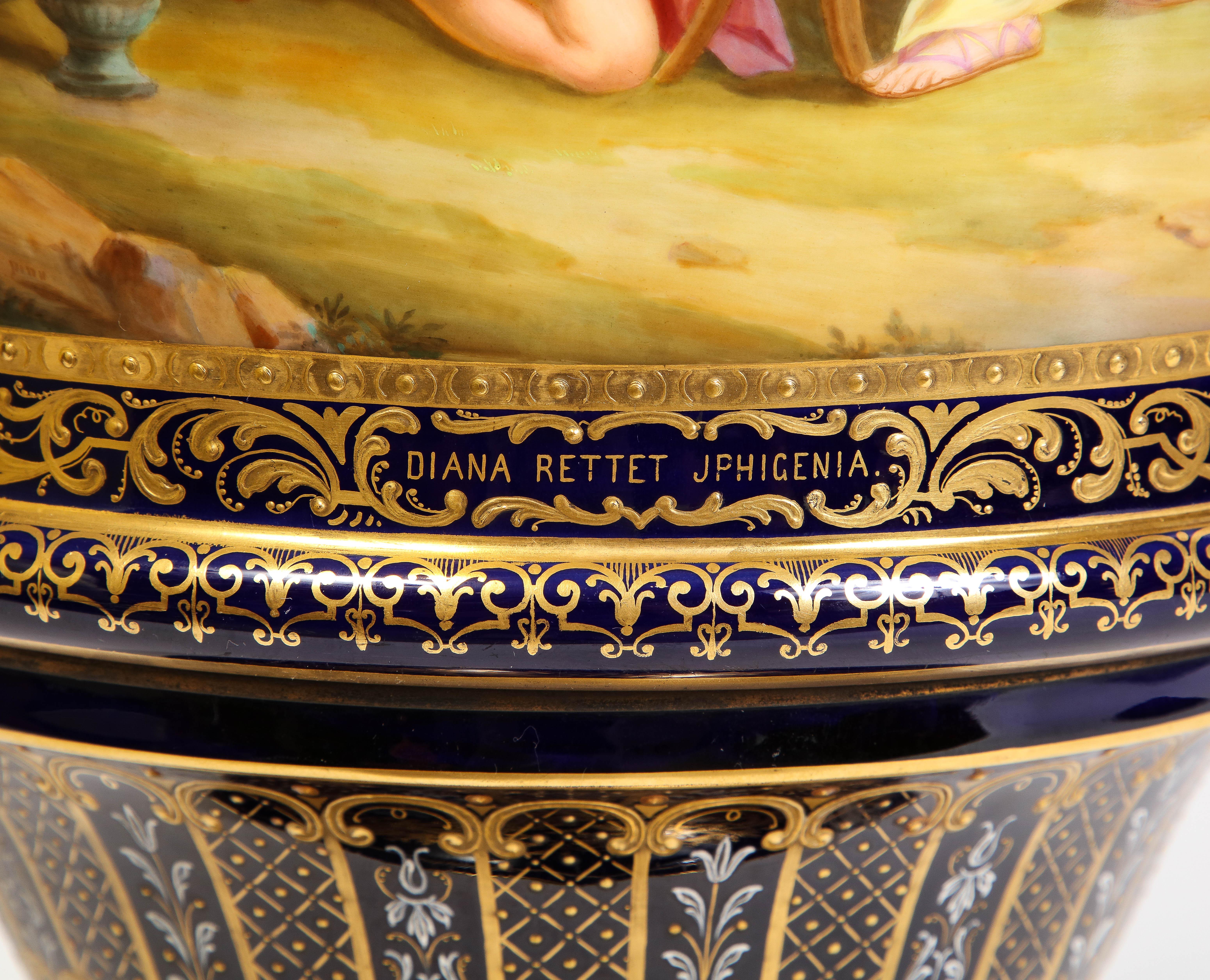 A 19th C. Monumental Cobalt Blue Royal Vienna Porcelain Vase w/ Watteau Scene For Sale 4