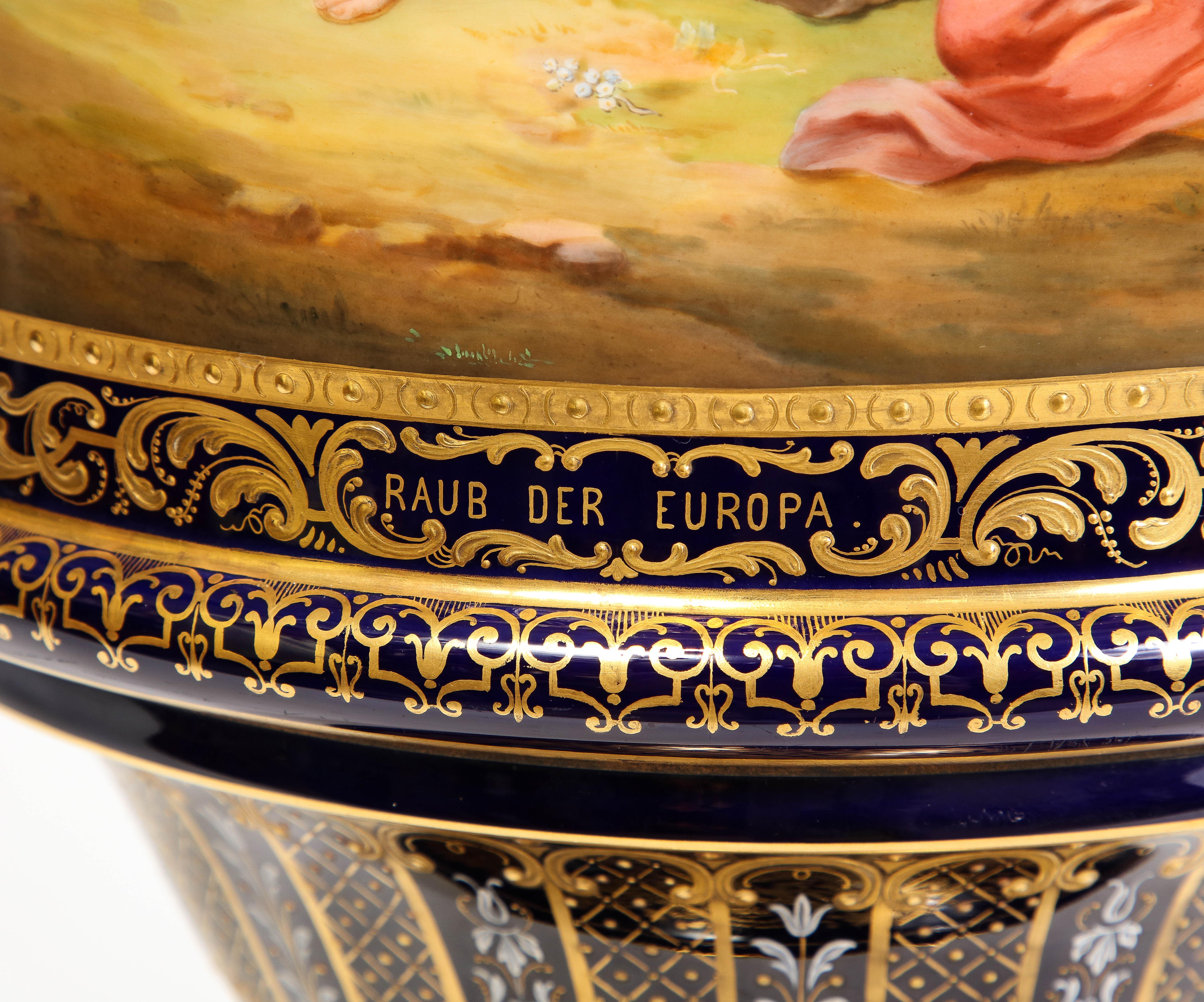 A 19th C. Monumental Cobalt Blue Royal Vienna Porcelain Vase w/ Watteau Scene For Sale 6