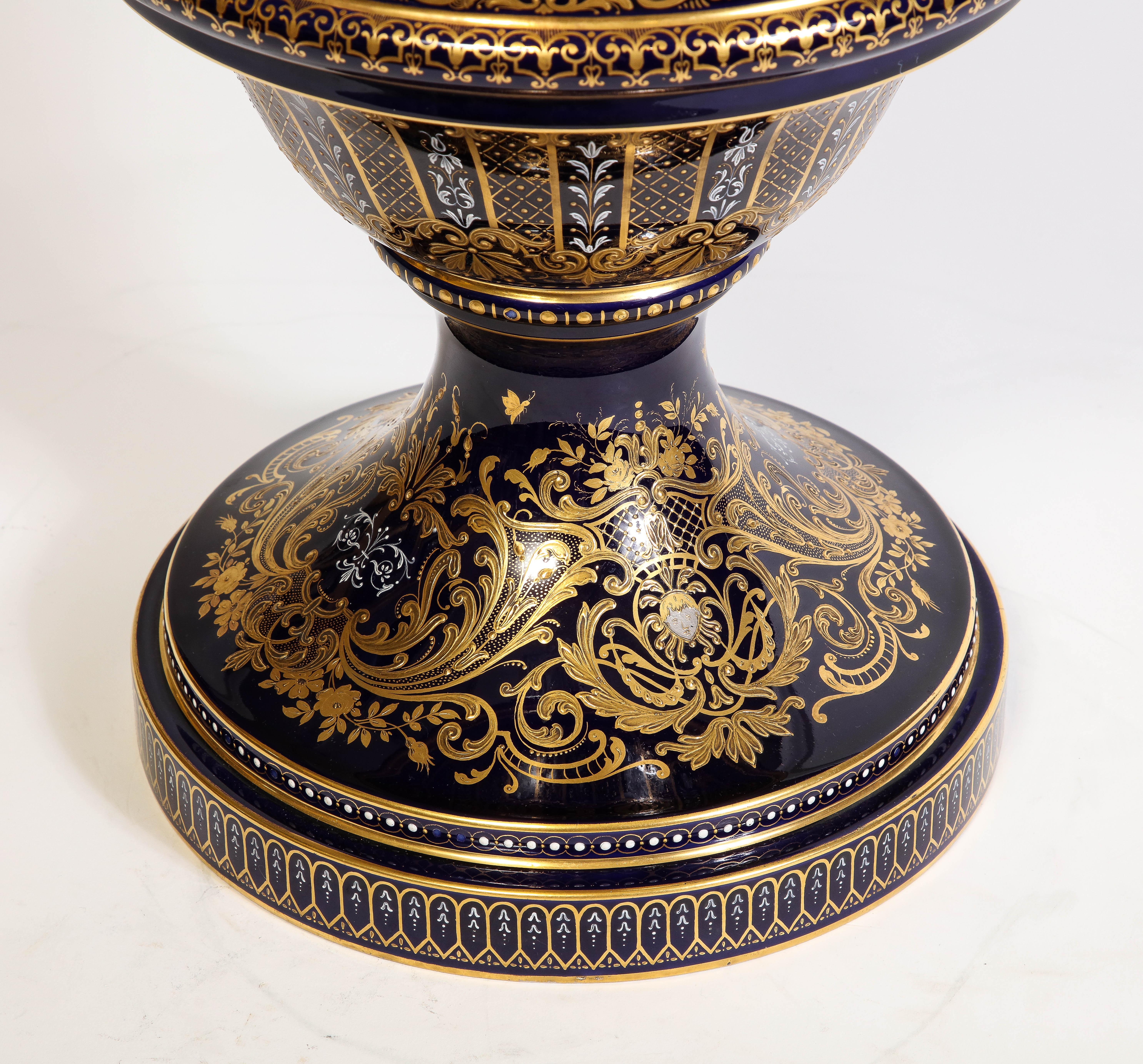 A 19th C. Monumental Cobalt Blue Royal Vienna Porcelain Vase w/ Watteau Scene For Sale 8