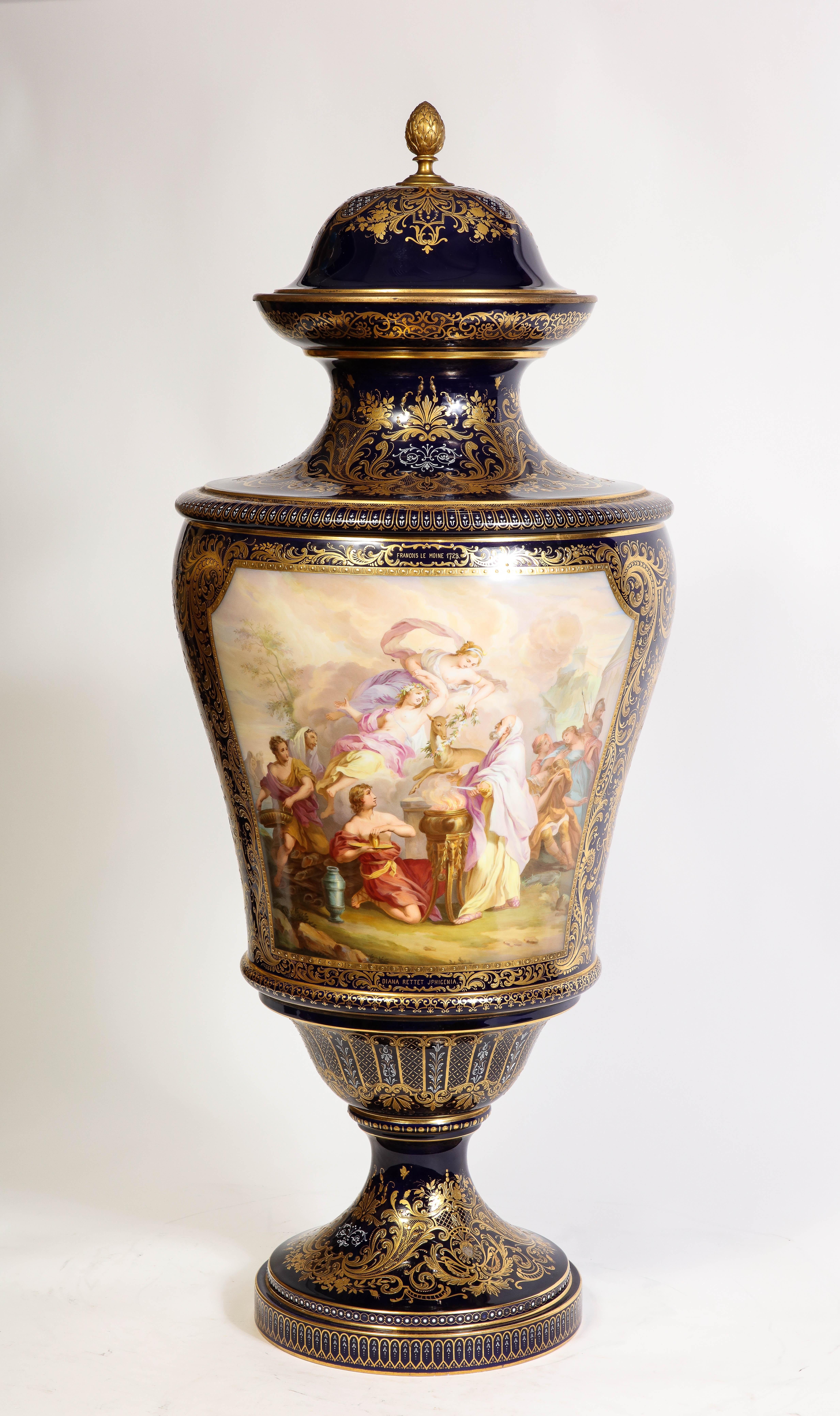 Louis XVI A 19th C. Monumental Cobalt Blue Royal Vienna Porcelain Vase w/ Watteau Scene For Sale