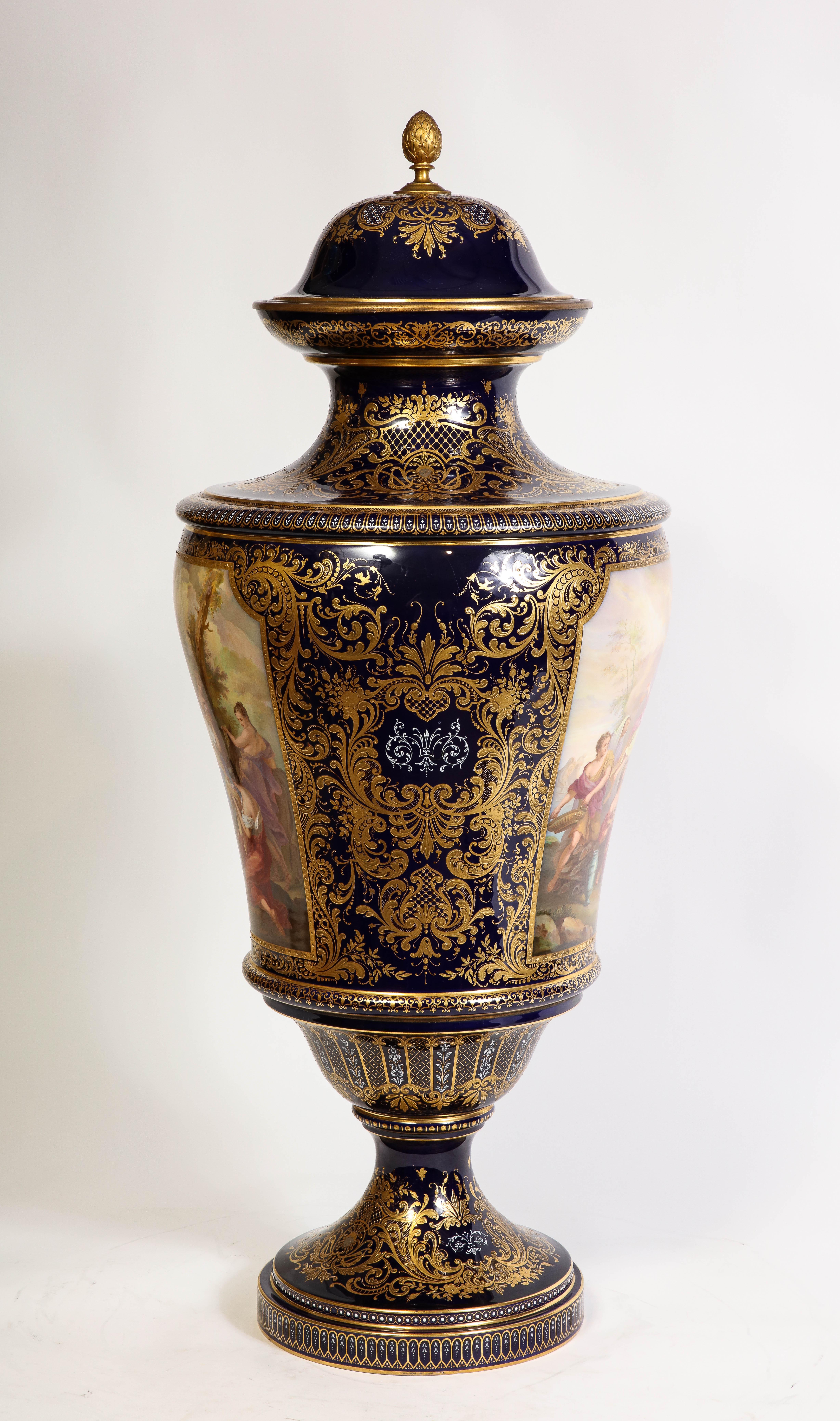 Austrian A 19th C. Monumental Cobalt Blue Royal Vienna Porcelain Vase w/ Watteau Scene For Sale