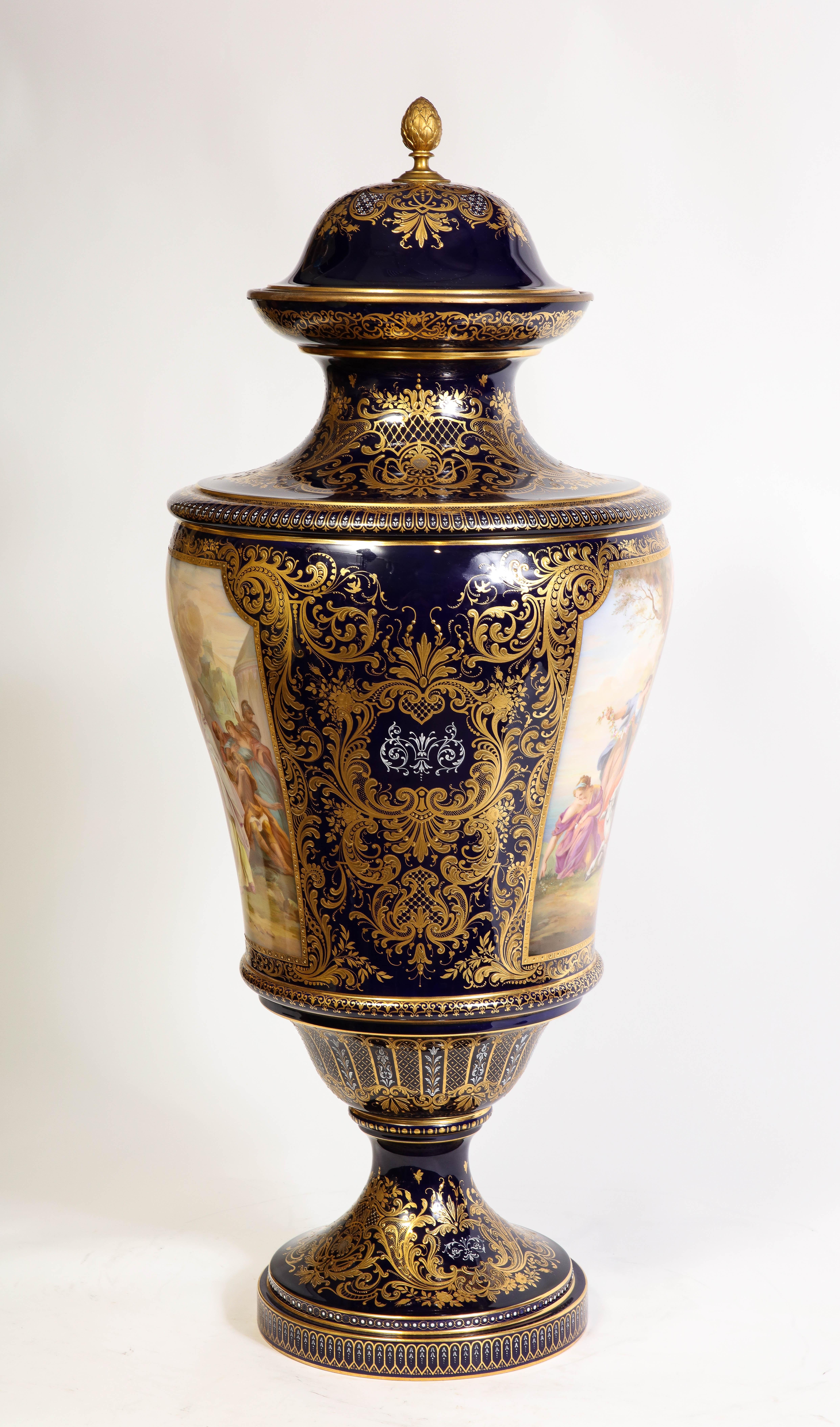 Hand-Carved A 19th C. Monumental Cobalt Blue Royal Vienna Porcelain Vase w/ Watteau Scene For Sale