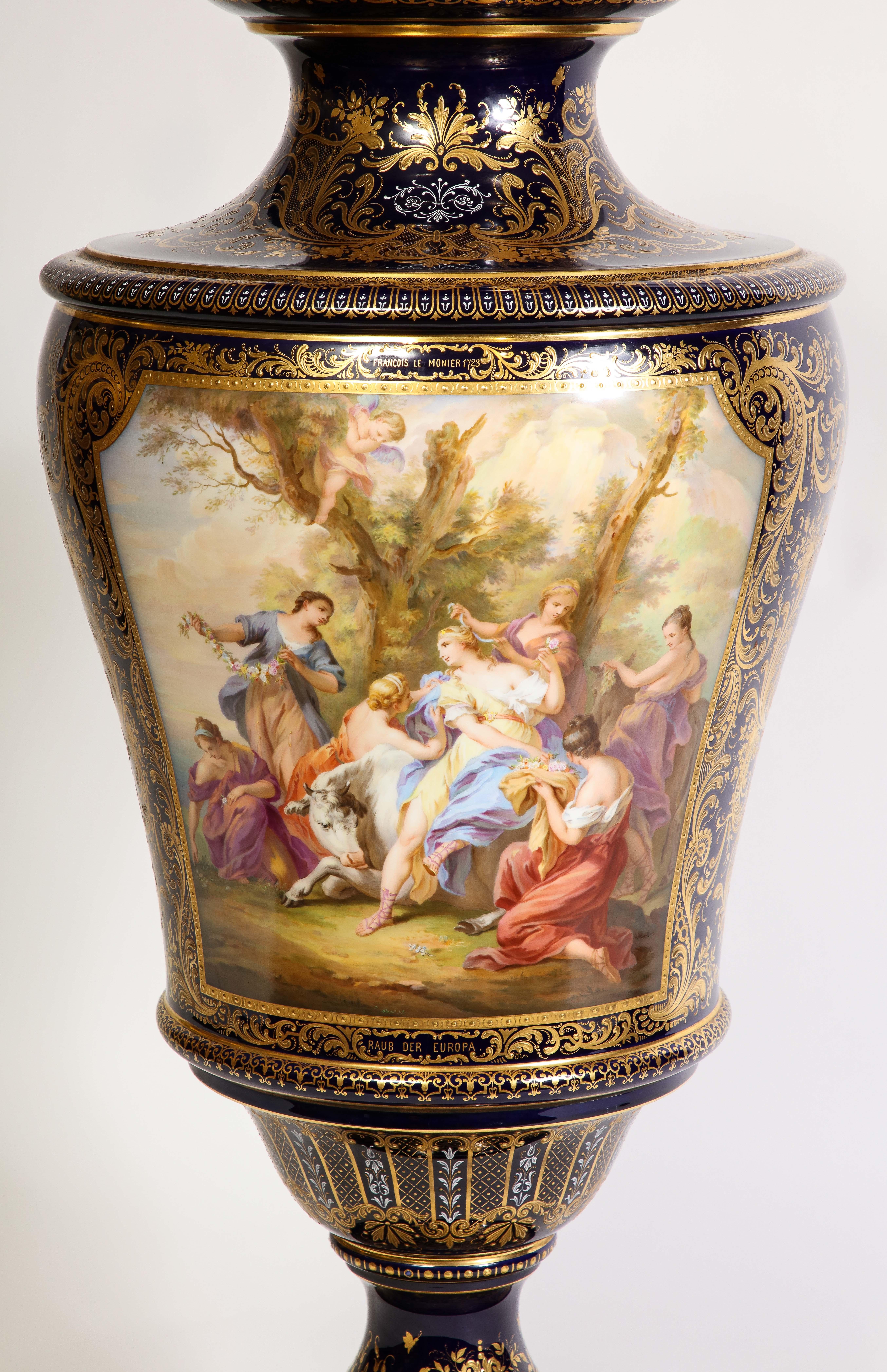 A 19th C. Monumental Cobalt Blue Royal Vienna Porcelain Vase w/ Watteau Scene In Good Condition For Sale In New York, NY