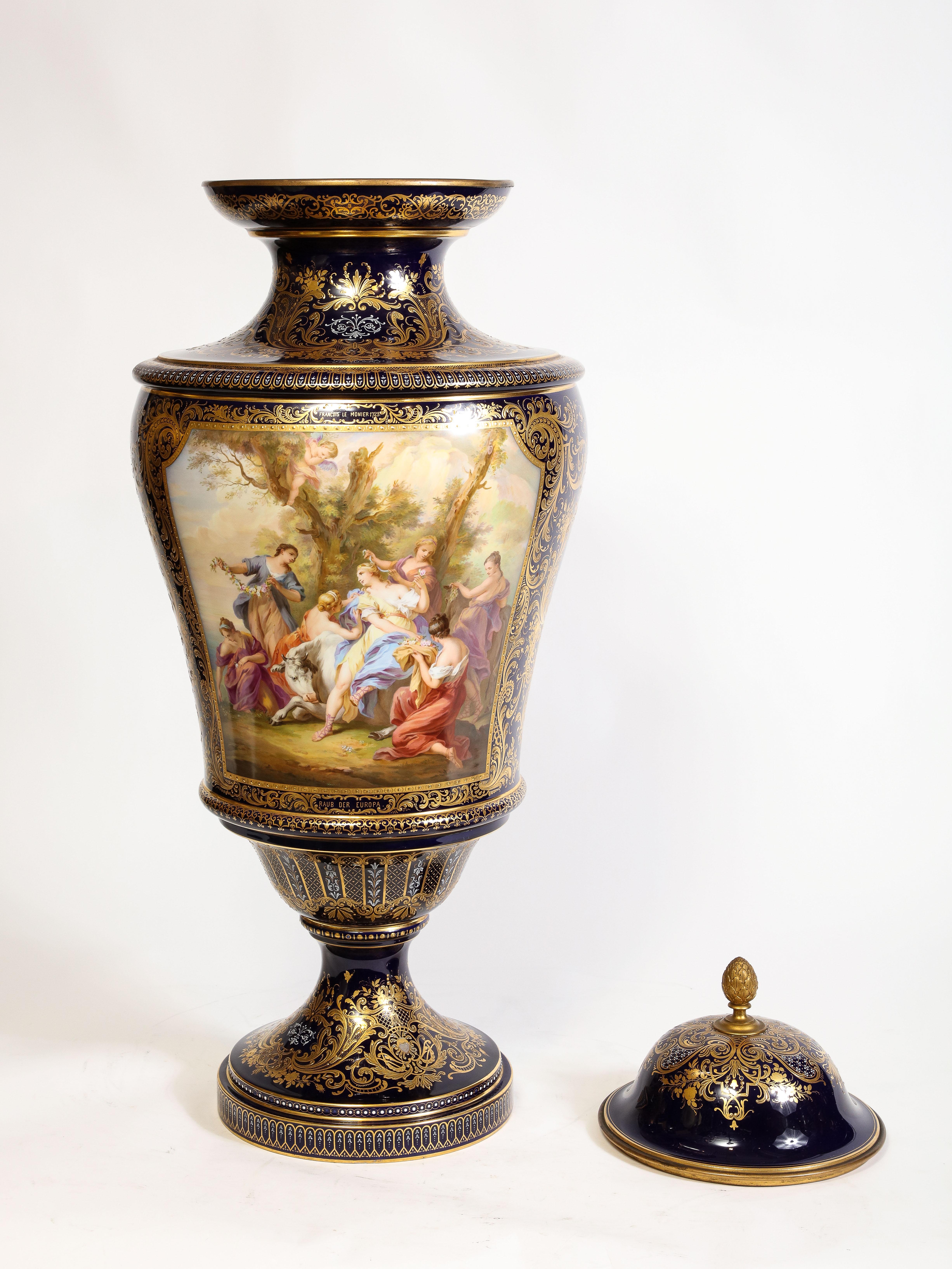 A 19th C. Monumental Cobalt Blue Royal Vienna Porcelain Vase w/ Watteau Scene For Sale 1