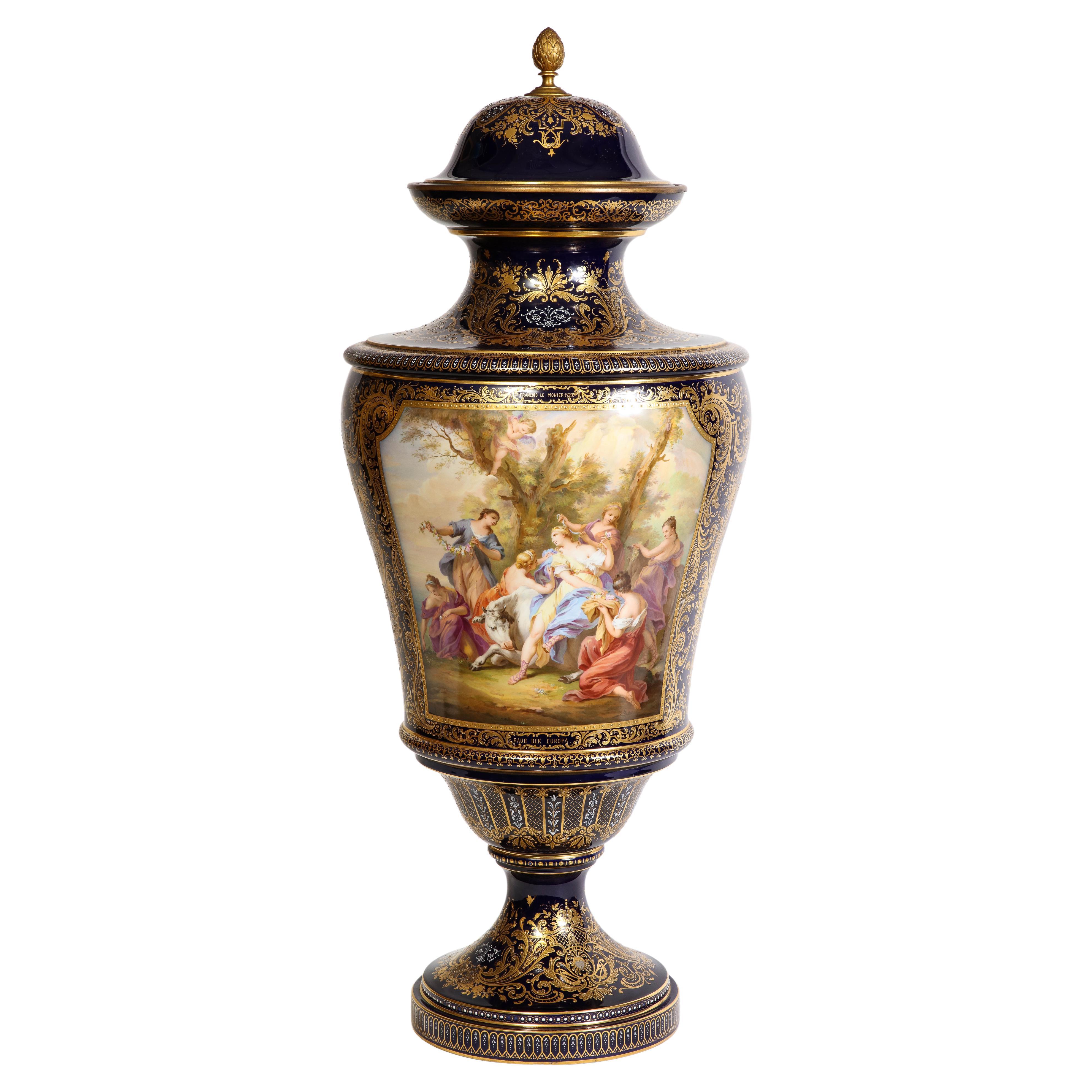 A 19th C. Monumental Cobalt Blue Royal Vienna Porcelain Vase w/ Watteau Scene For Sale