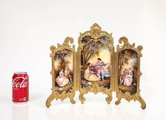 A 19th C. Ormolu Mounted Viennese Enamel Tri-Fold Watteau Scene Screen