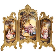 A 19th C. Ormolu Mounted Viennese Enamel Tri-Fold Watteau Scene Screen