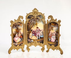 A 19th C. Ormolu Mounted Viennese Enamel Tri-Fold Watteau Scene Screen