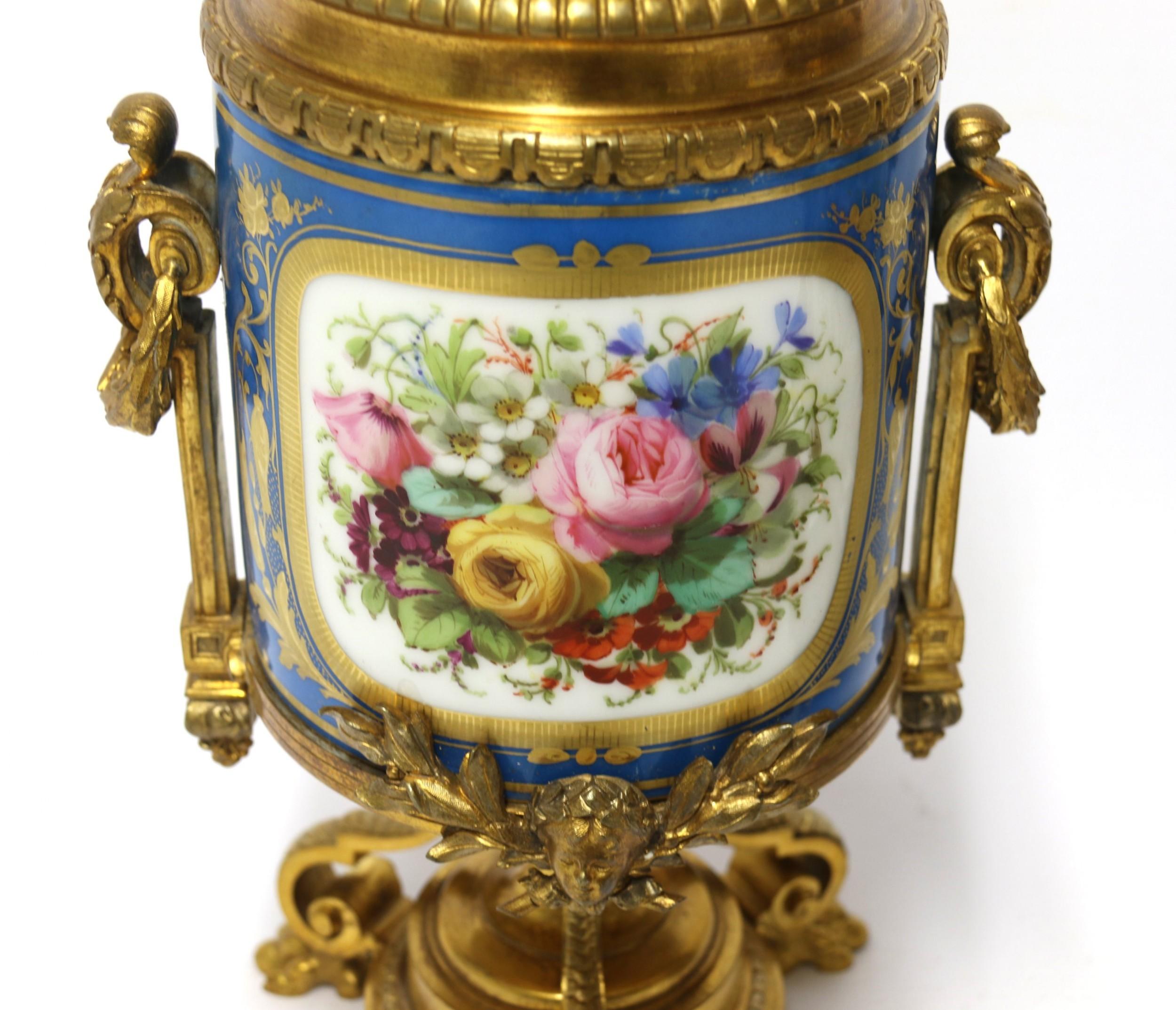 19th Century Pair of French Sèvres Style Hand Painted Porcelain and Ormolu Urns 8