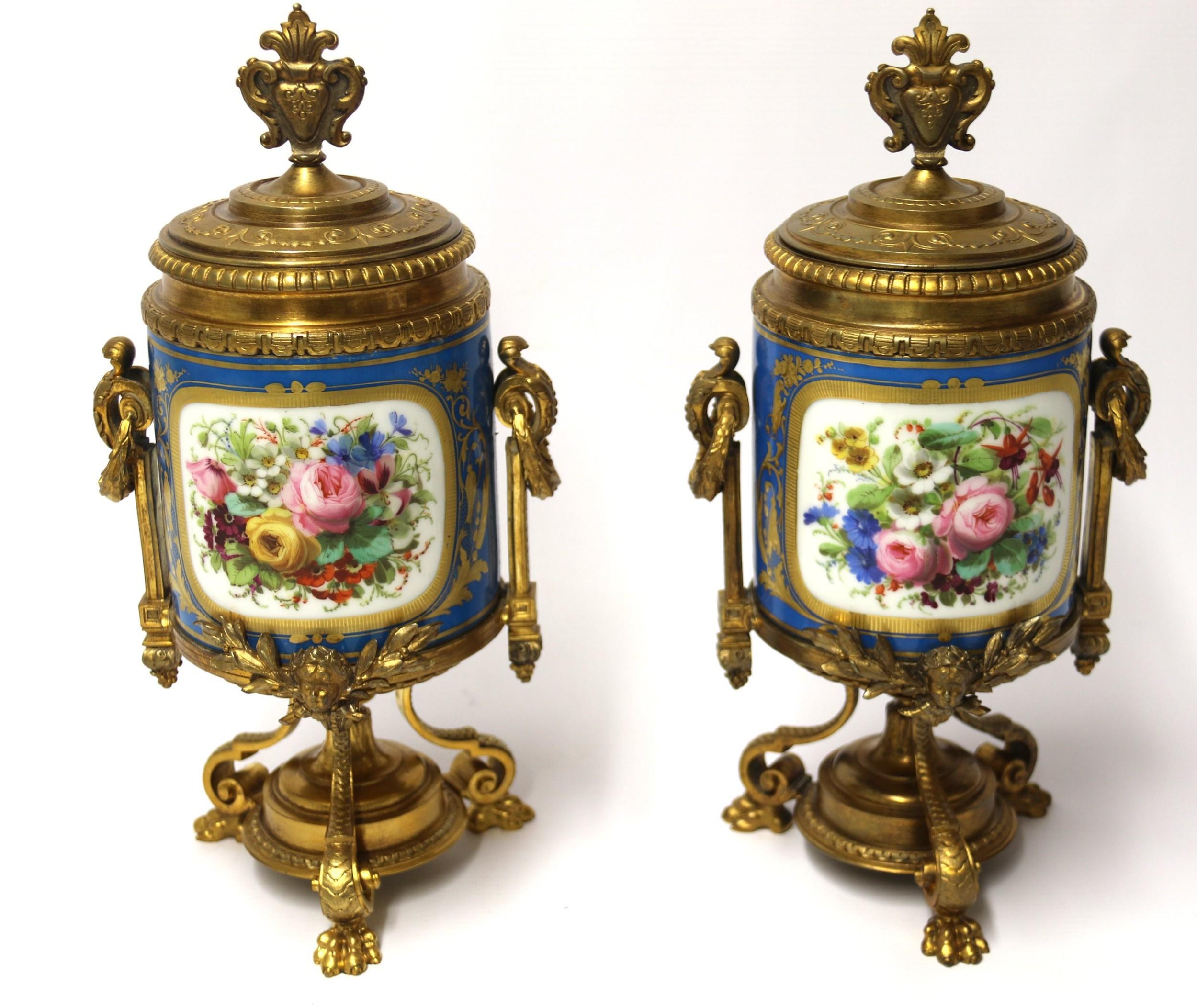 19th Century Pair of French Sèvres Style Hand Painted Porcelain and Ormolu Urns 9