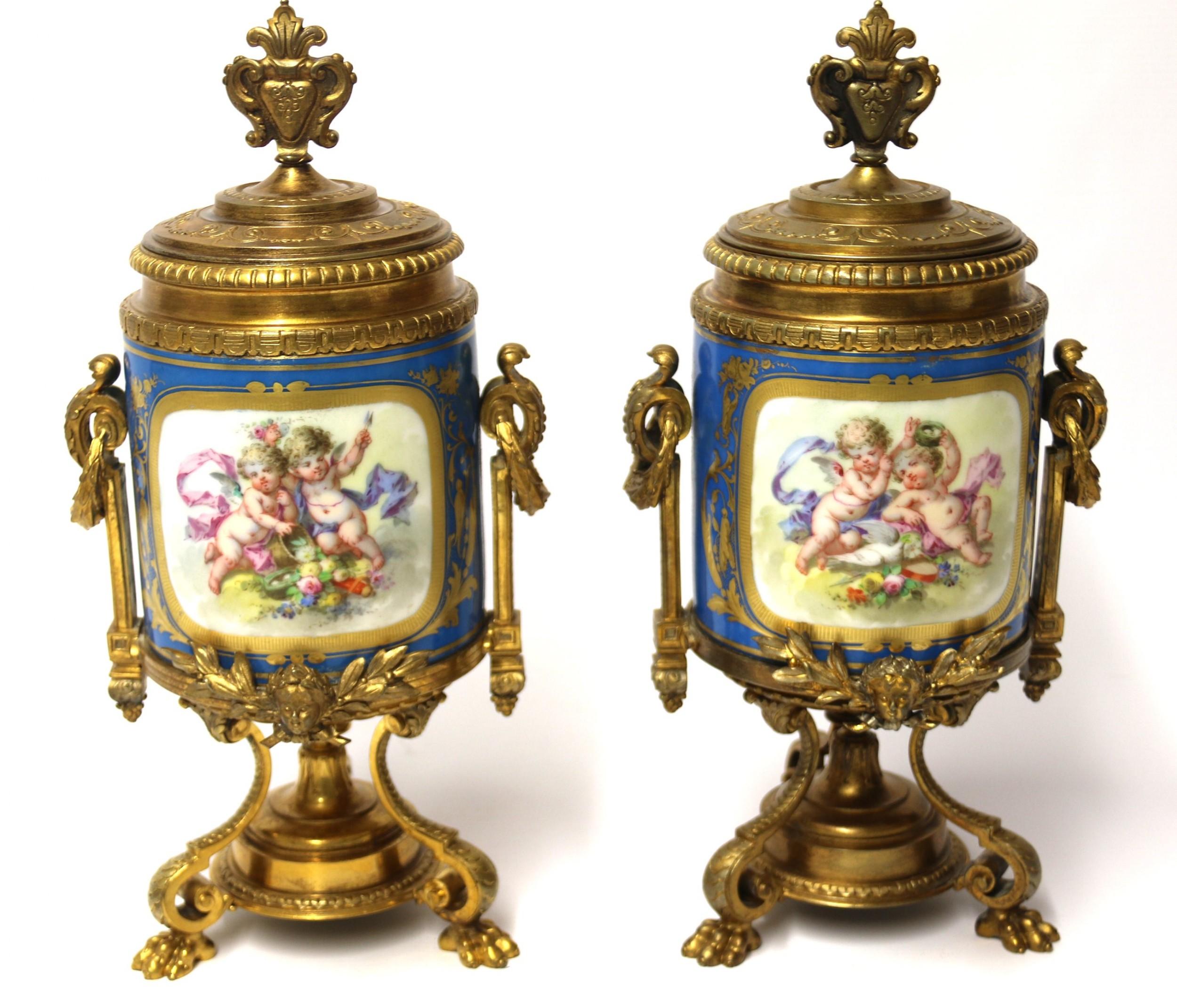 19th Century Pair of French Sèvres Style Hand Painted Porcelain and Ormolu Urns 4