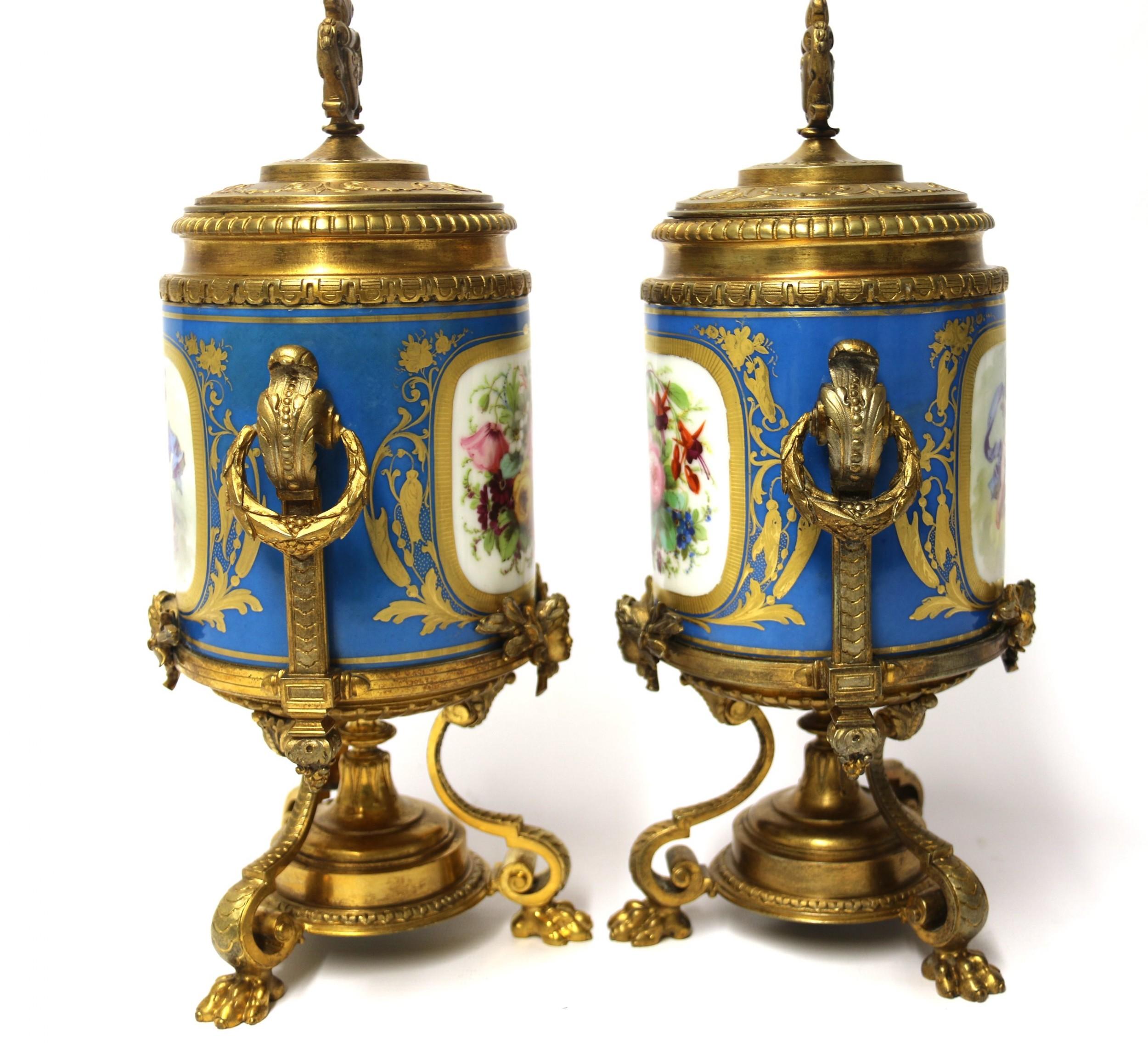 19th Century Pair of French Sèvres Style Hand Painted Porcelain and Ormolu Urns 5