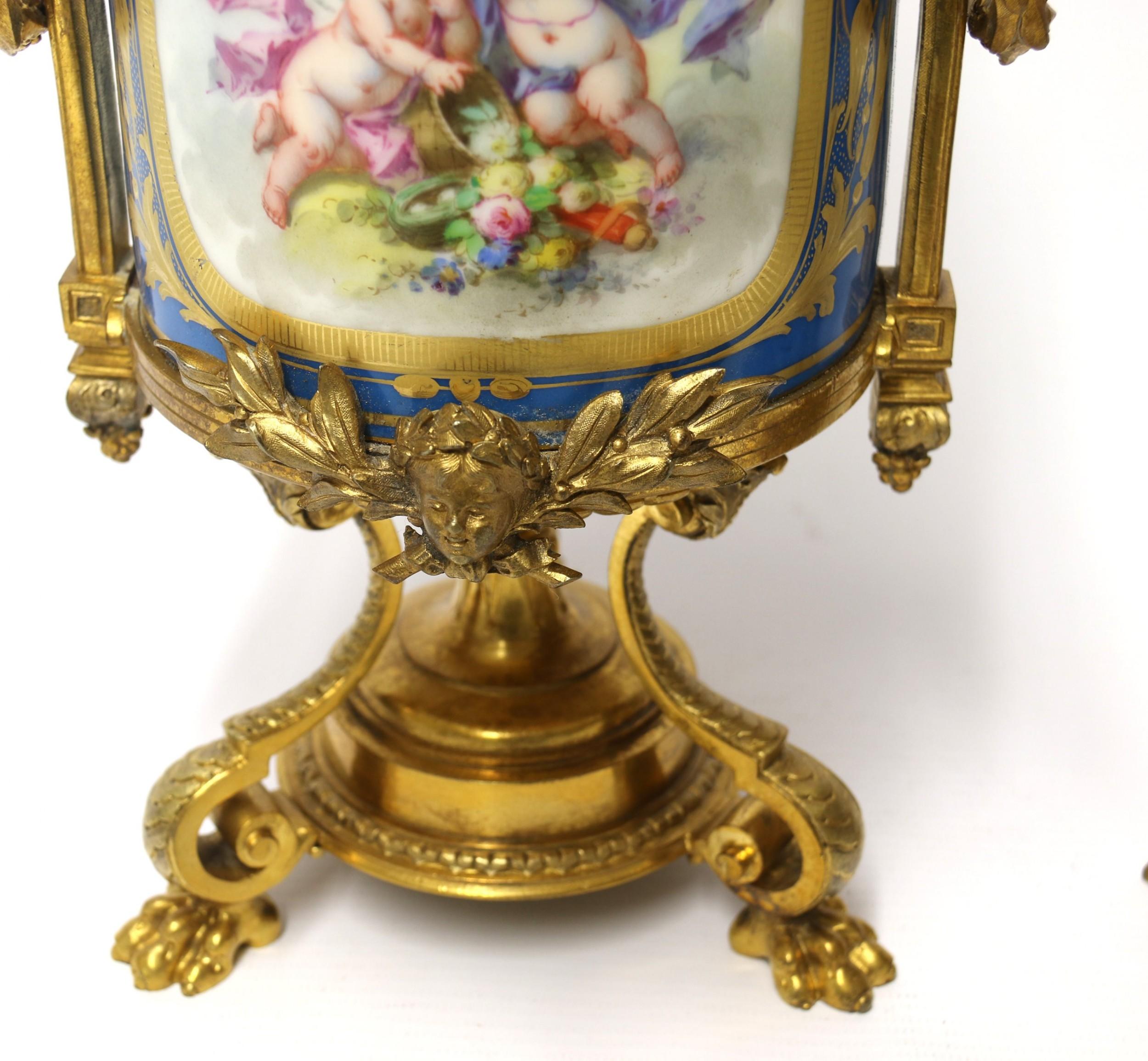 19th Century Pair of French Sèvres Style Hand Painted Porcelain and Ormolu Urns 6