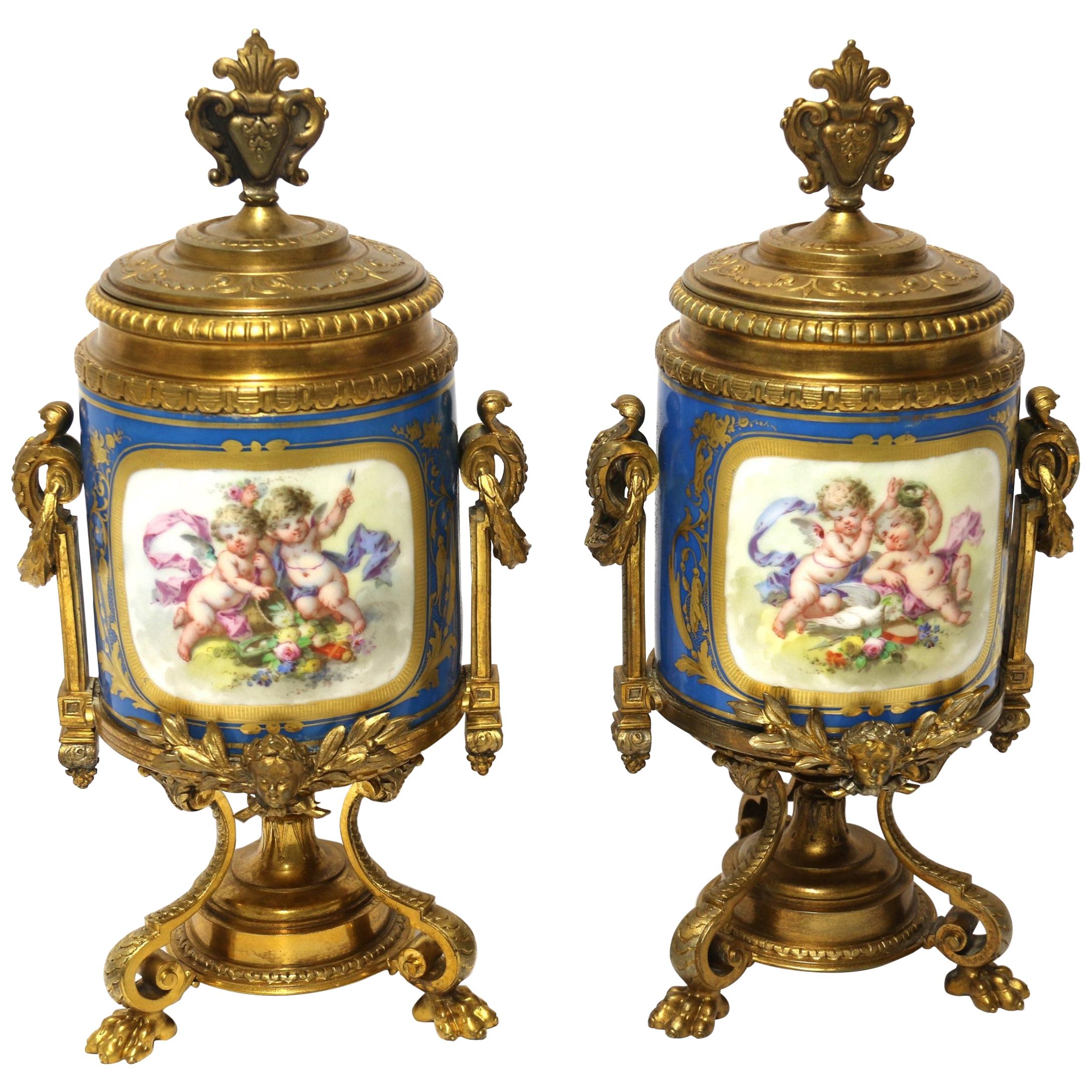 19th Century Pair of French Sèvres Style Hand Painted Porcelain and Ormolu Urns