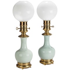 19th Century Pair of Porcelain and Ormolu Mounted Oil Lamps by Gagneau, French