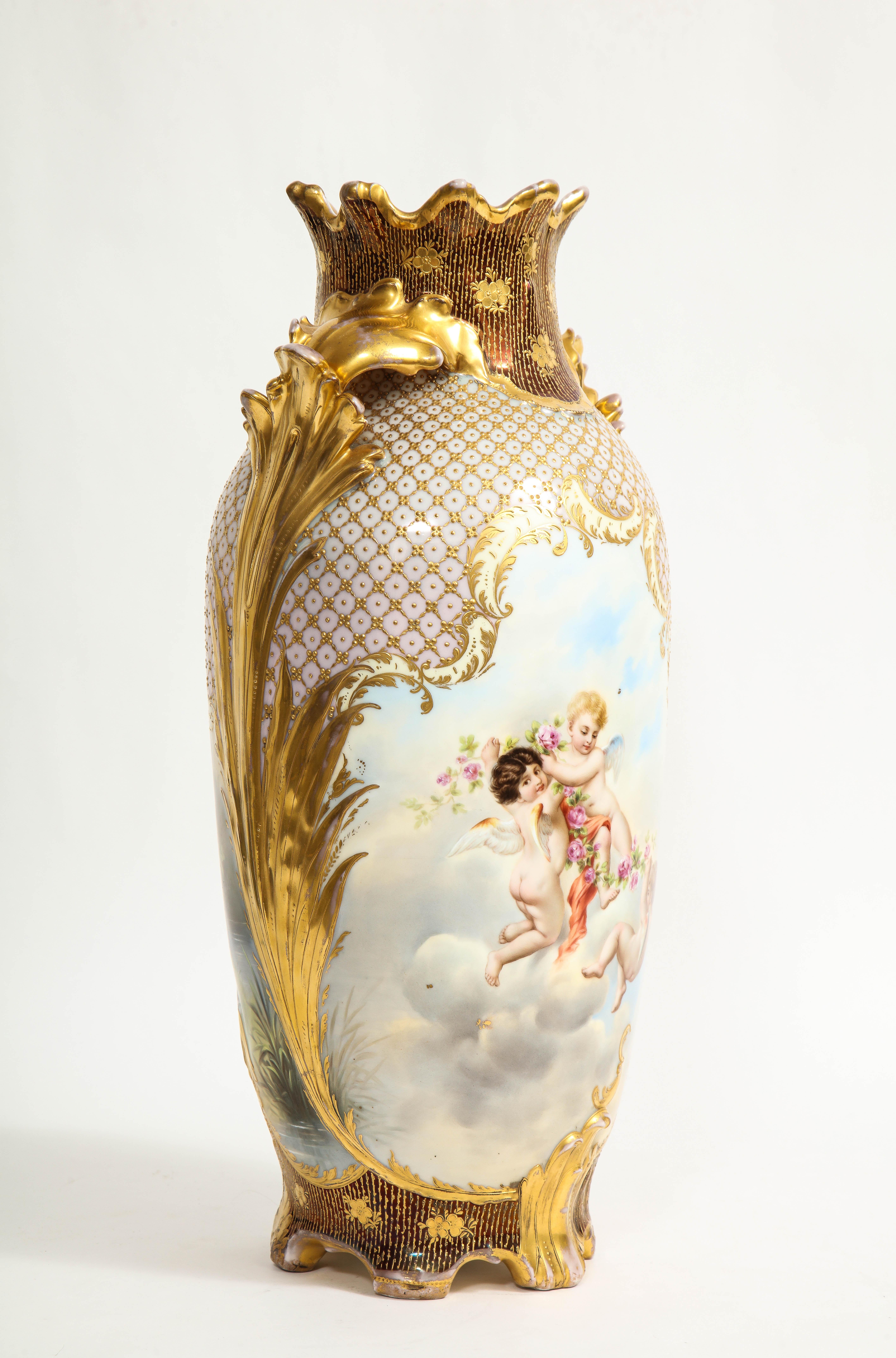 Hand-Painted 19th C. Royal Vienna Porcelain Double Panel Vase w/ Raised 24K Gilt Decoration For Sale