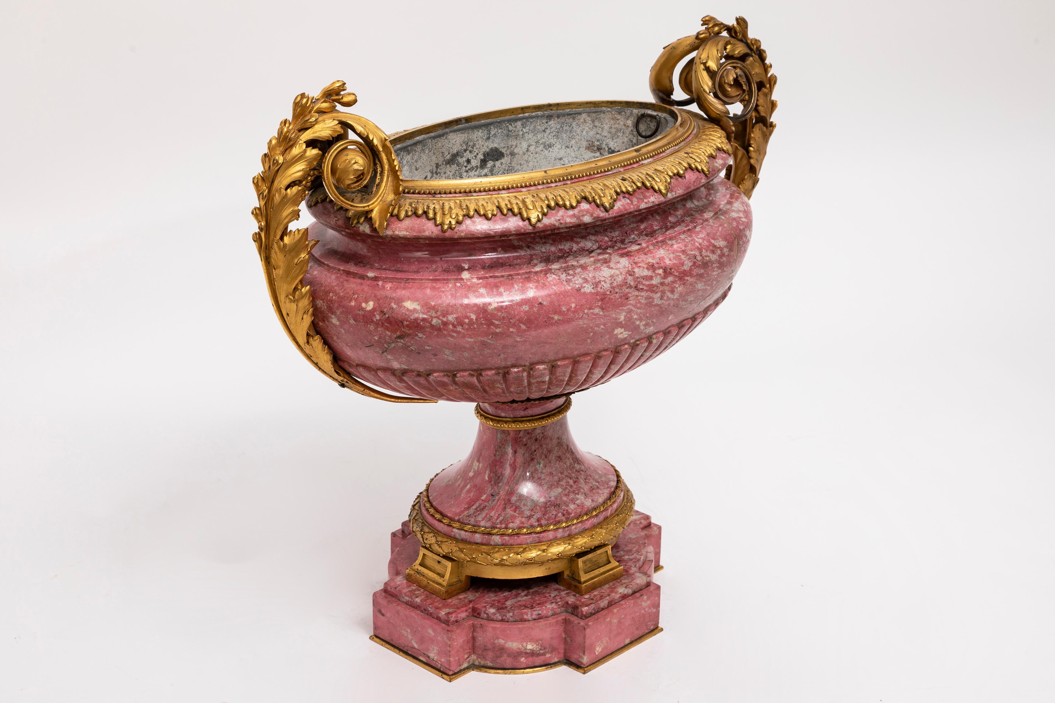  A Fabulous and Large 19th Century Russian Ormolu-Mounted Hand-Carved Pink Rhodonite Tazza/Centerpiece.  This tazza is a masterpiece of opulence that embodies the zenith of Russian art. This elegant tazza harmoniously marries meticulous