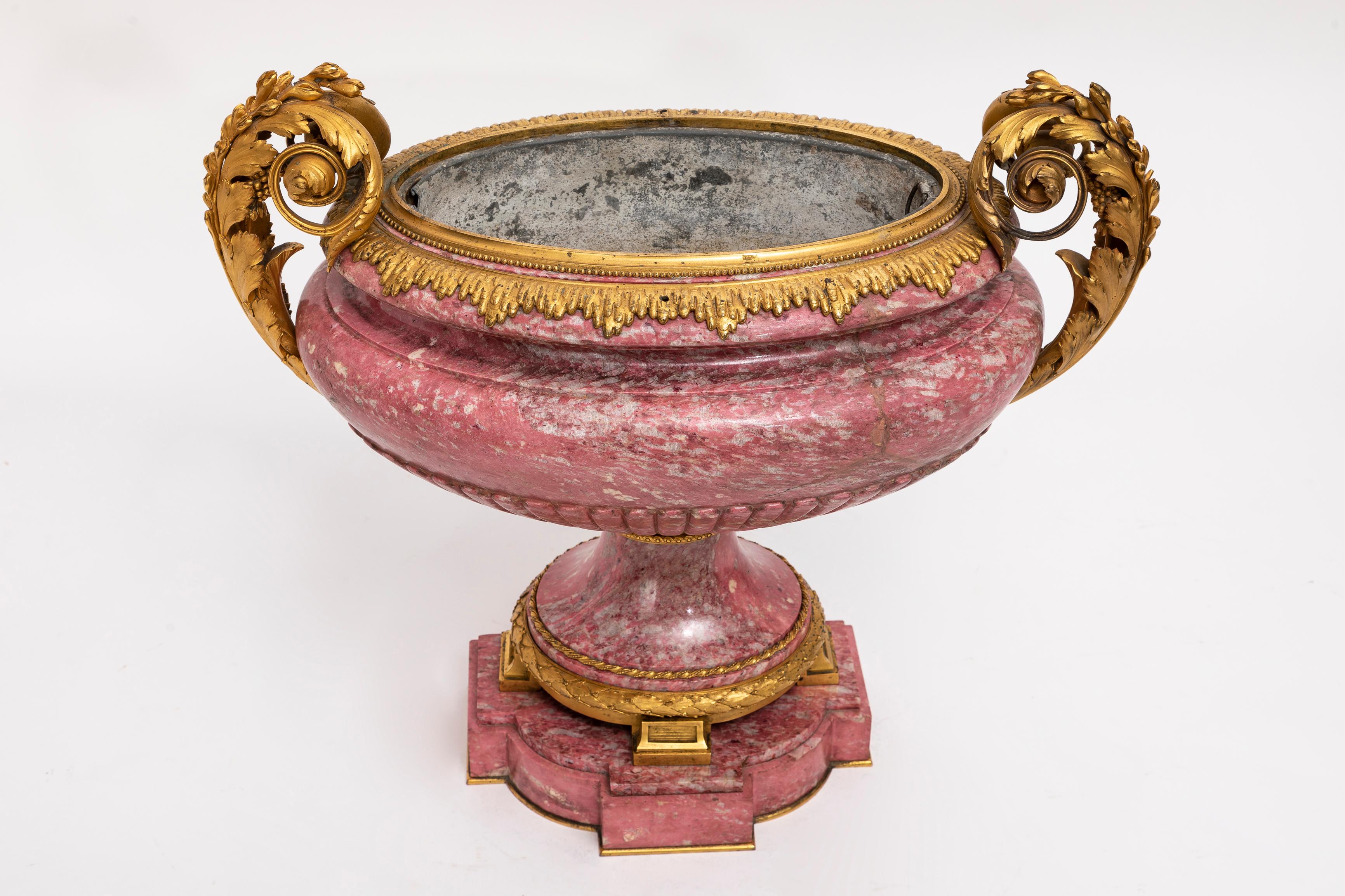 A 19th C. Russian Ormolu-Mounted Hand-Carved Pink Rhodonite Tazza/Centerpiece In Good Condition For Sale In New York, NY