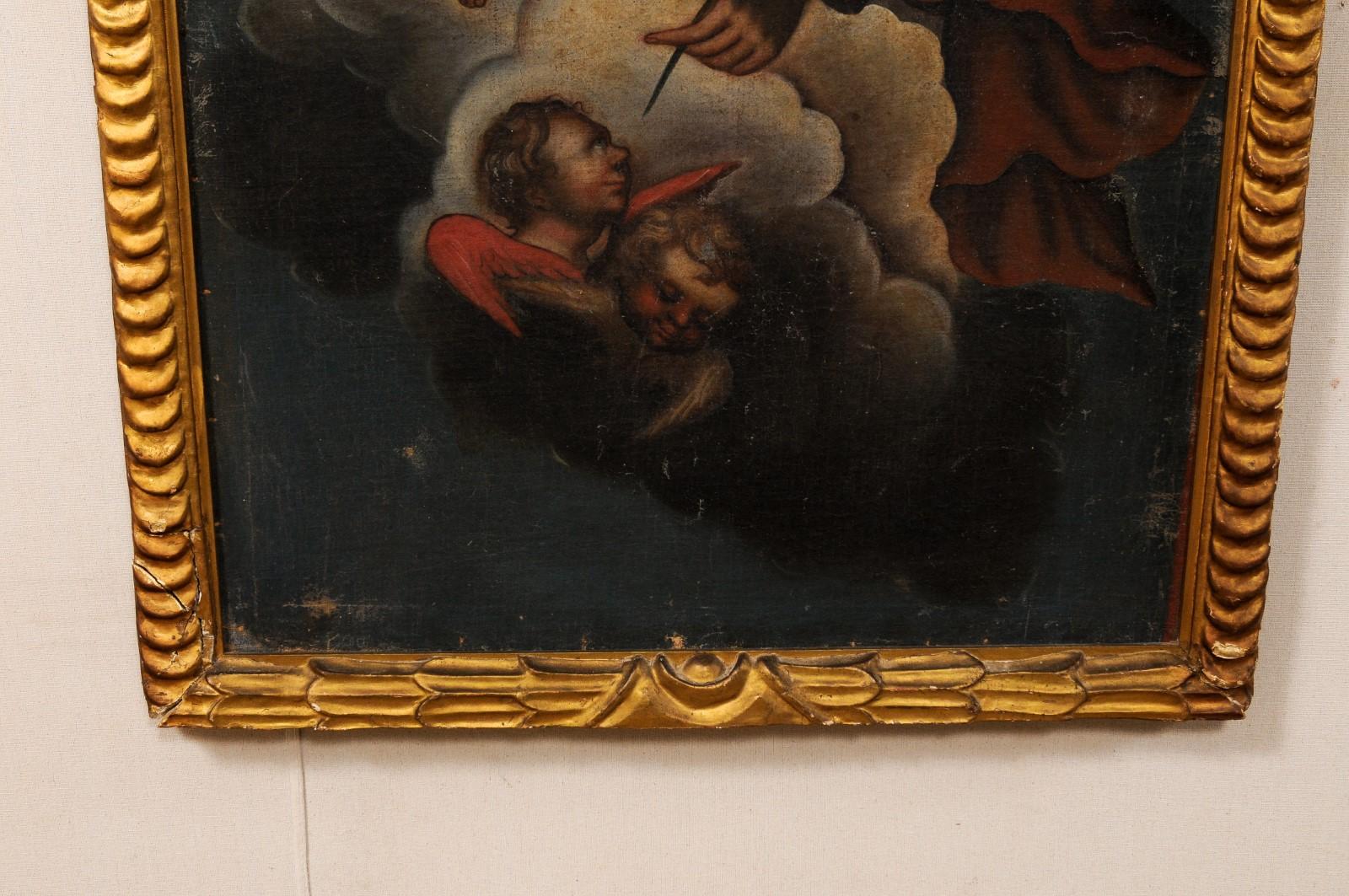 Peinture coloniale espagnole de Jésus avec un enfant, dans un cadre doré du 19ème siècle en vente 2