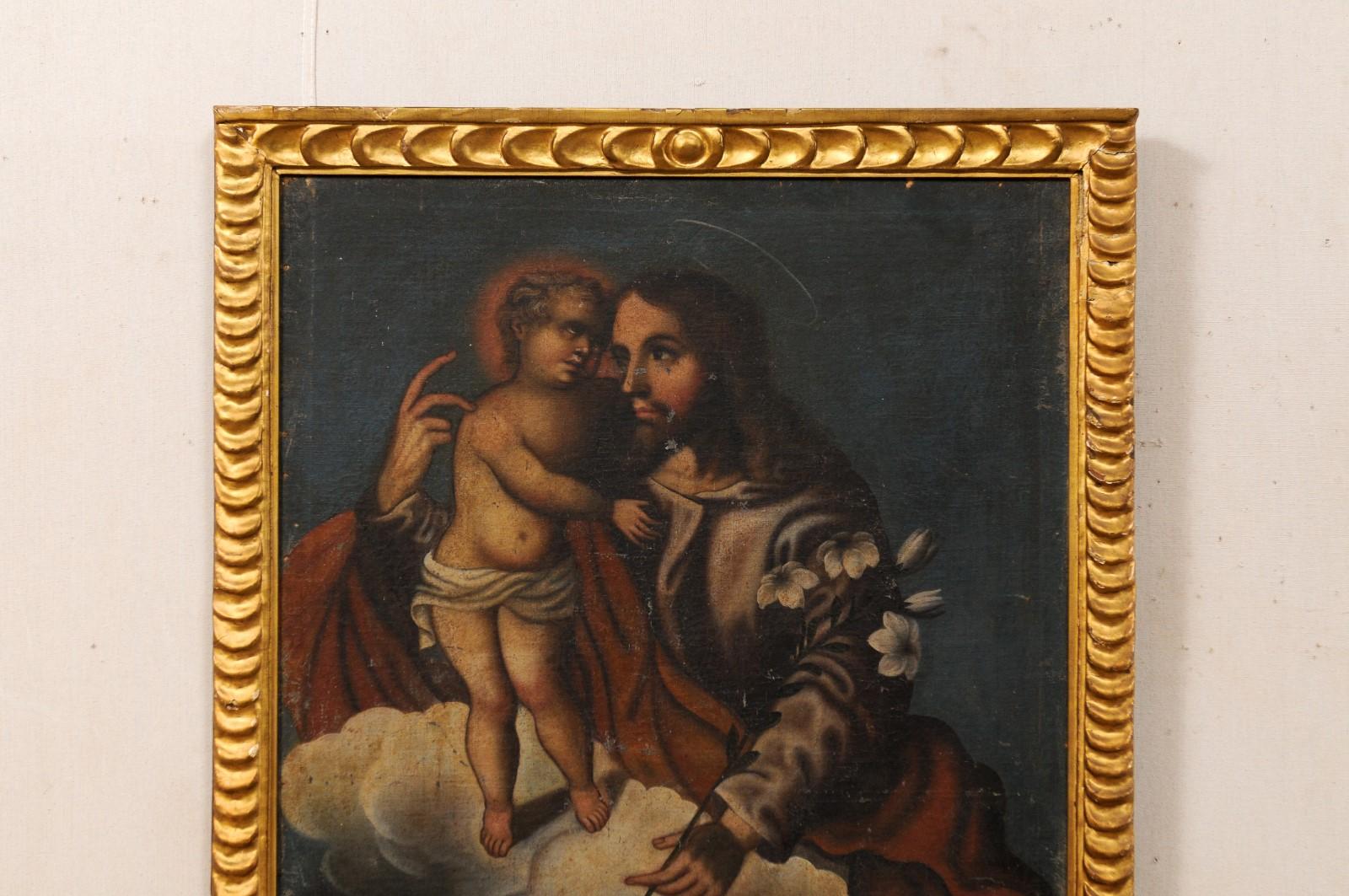 Colonial espagnol Peinture coloniale espagnole de Jésus avec un enfant, dans un cadre doré du 19ème siècle en vente