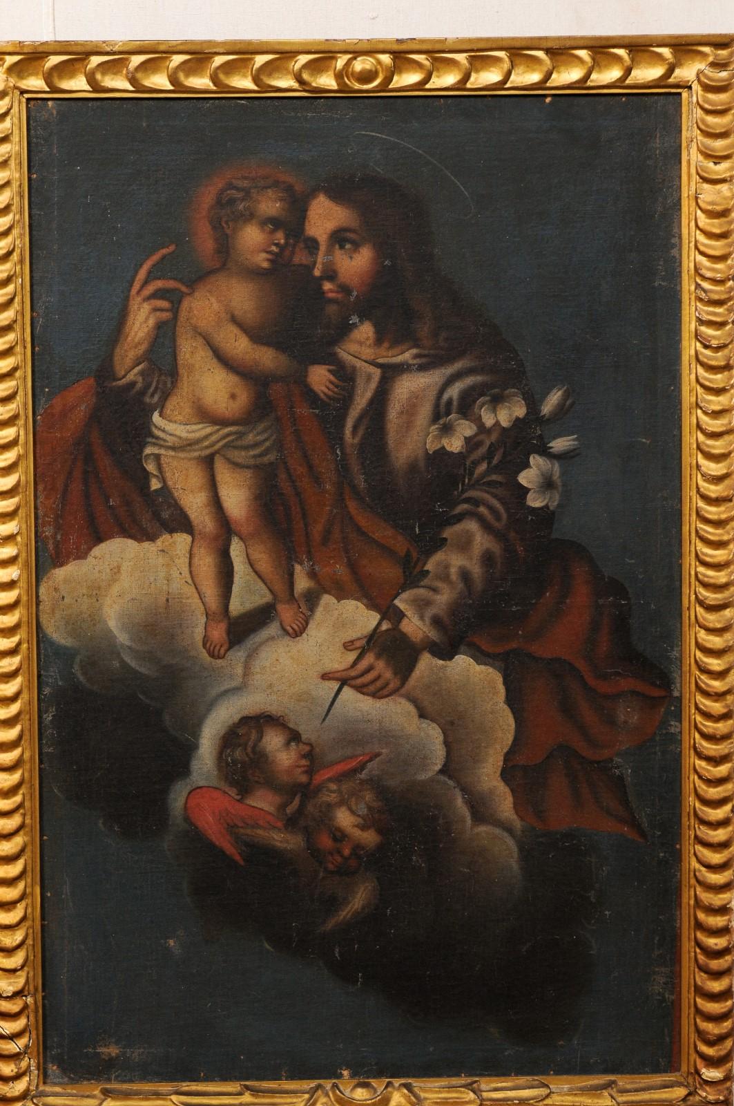Peinture coloniale espagnole de Jésus avec un enfant, dans un cadre doré du 19ème siècle Bon état - En vente à Atlanta, GA