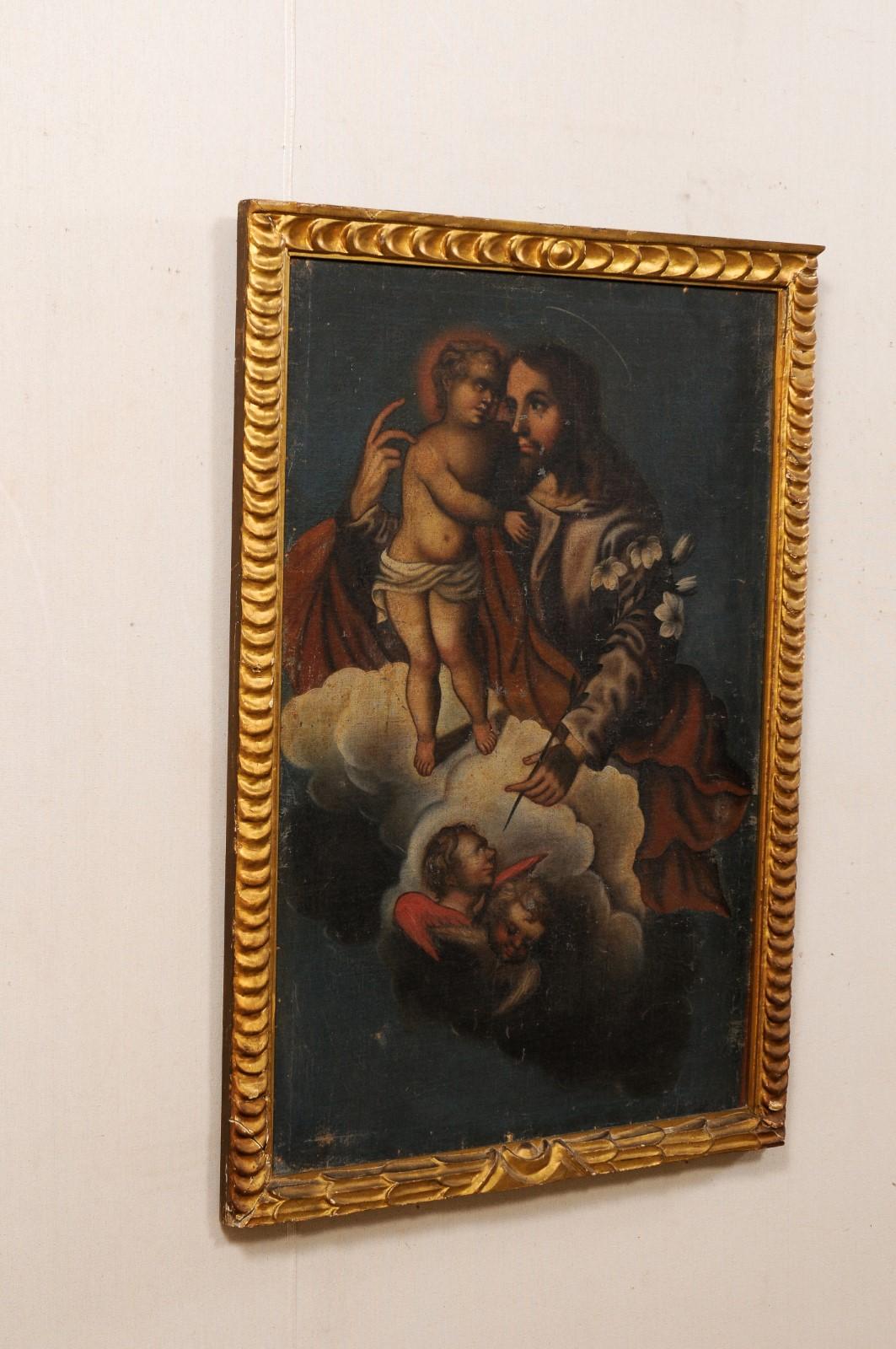 XIXe siècle Peinture coloniale espagnole de Jésus avec un enfant, dans un cadre doré du 19ème siècle en vente