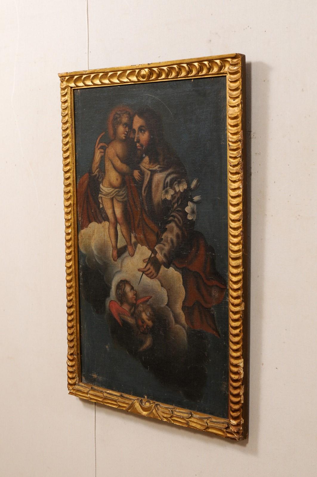 Toile Peinture coloniale espagnole de Jésus avec un enfant, dans un cadre doré du 19ème siècle en vente