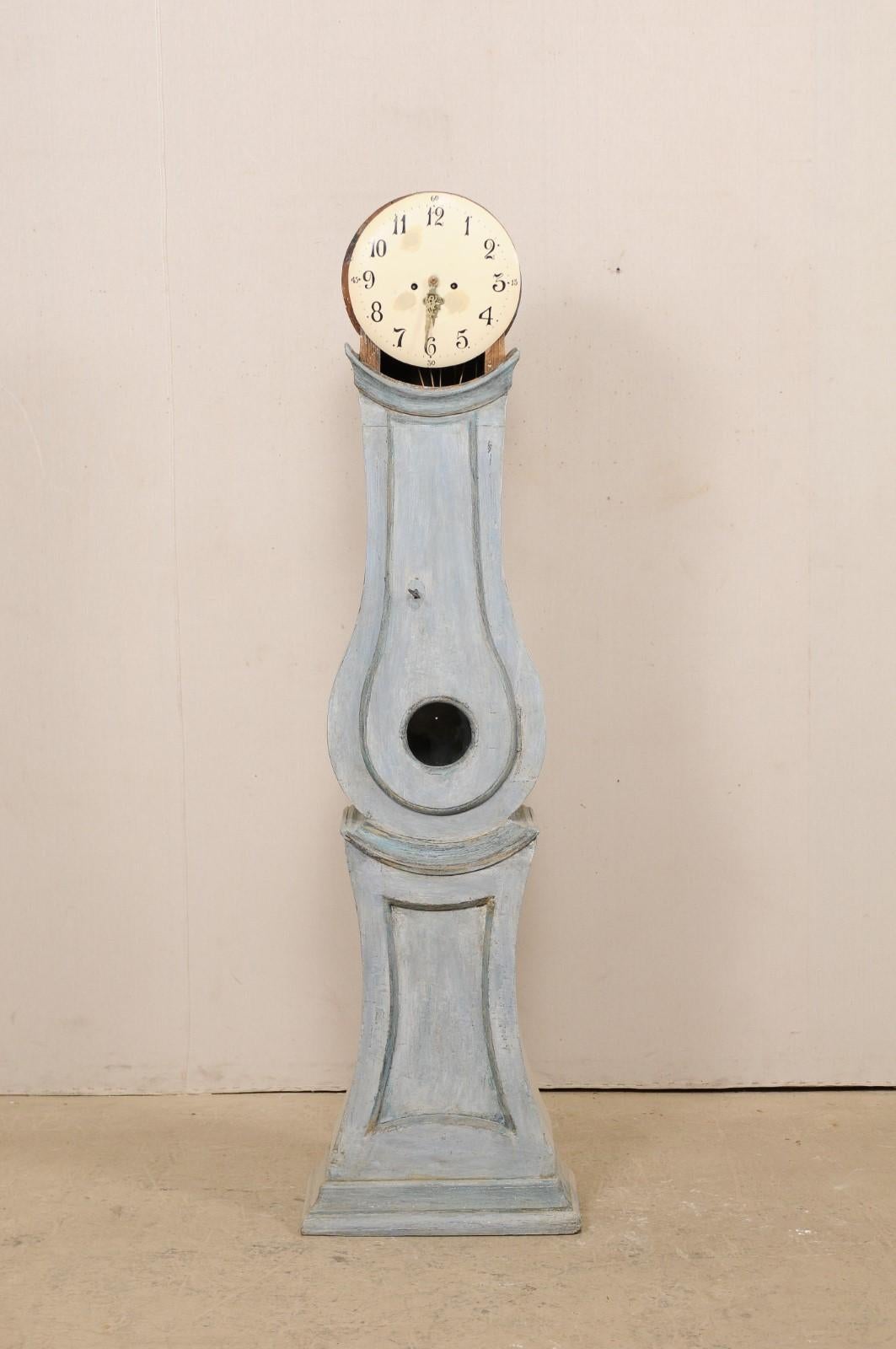19th Century Swedish Grandfather Floor Clock, Scraped Finish with Blue Coloring 2