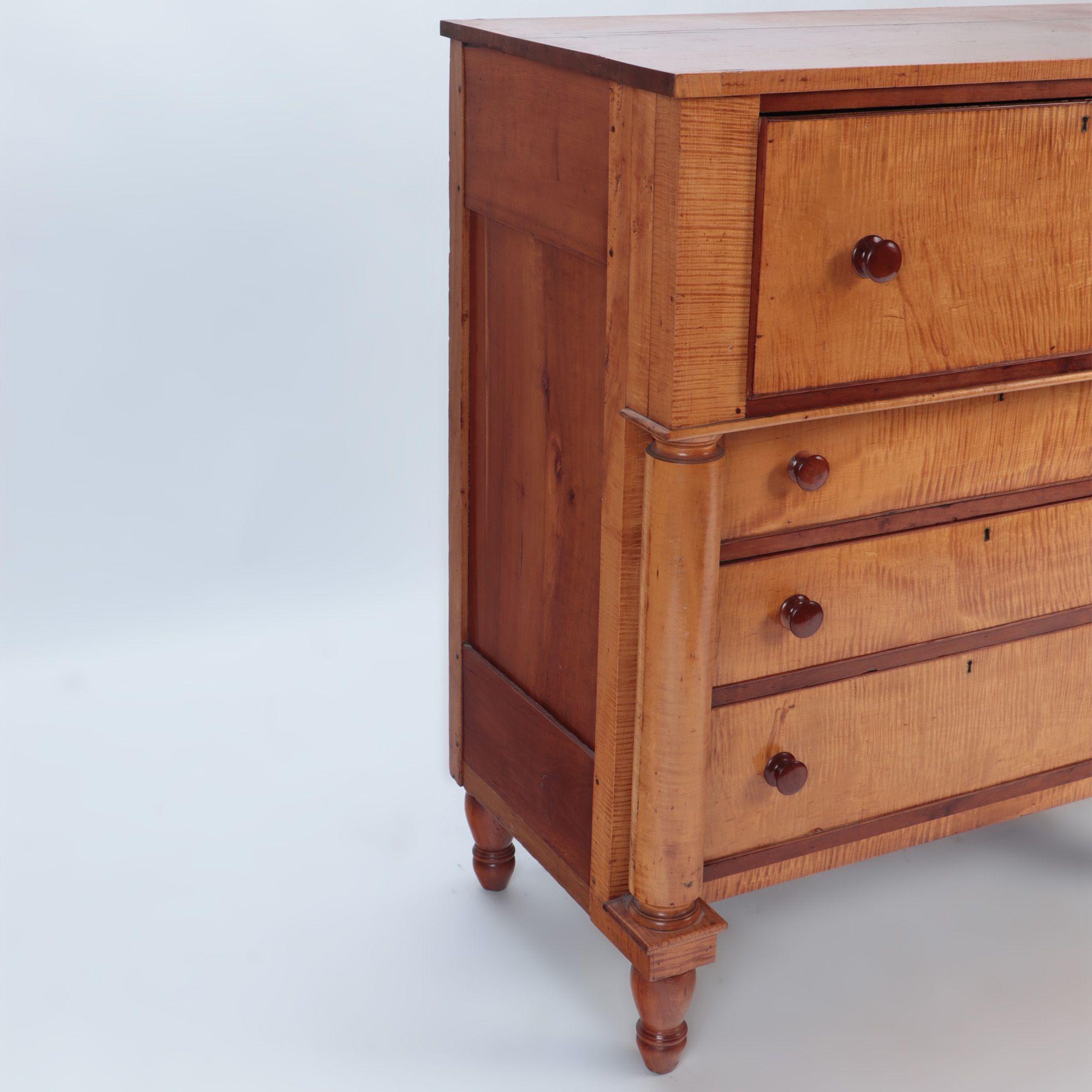 19th C Tiger Maple Dresser with Full Round Columns In Good Condition For Sale In Philadelphia, PA