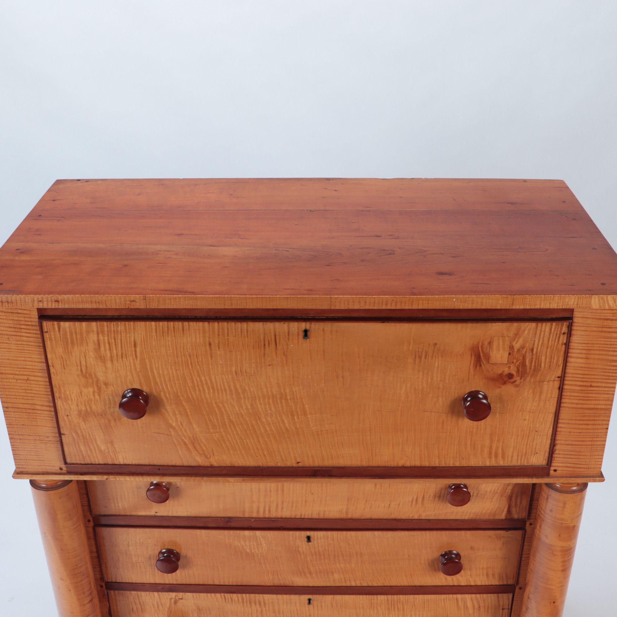 19th Century 19th C Tiger Maple Dresser with Full Round Columns For Sale