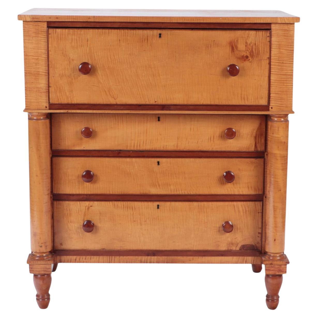 19th C Tiger Maple Dresser with Full Round Columns For Sale