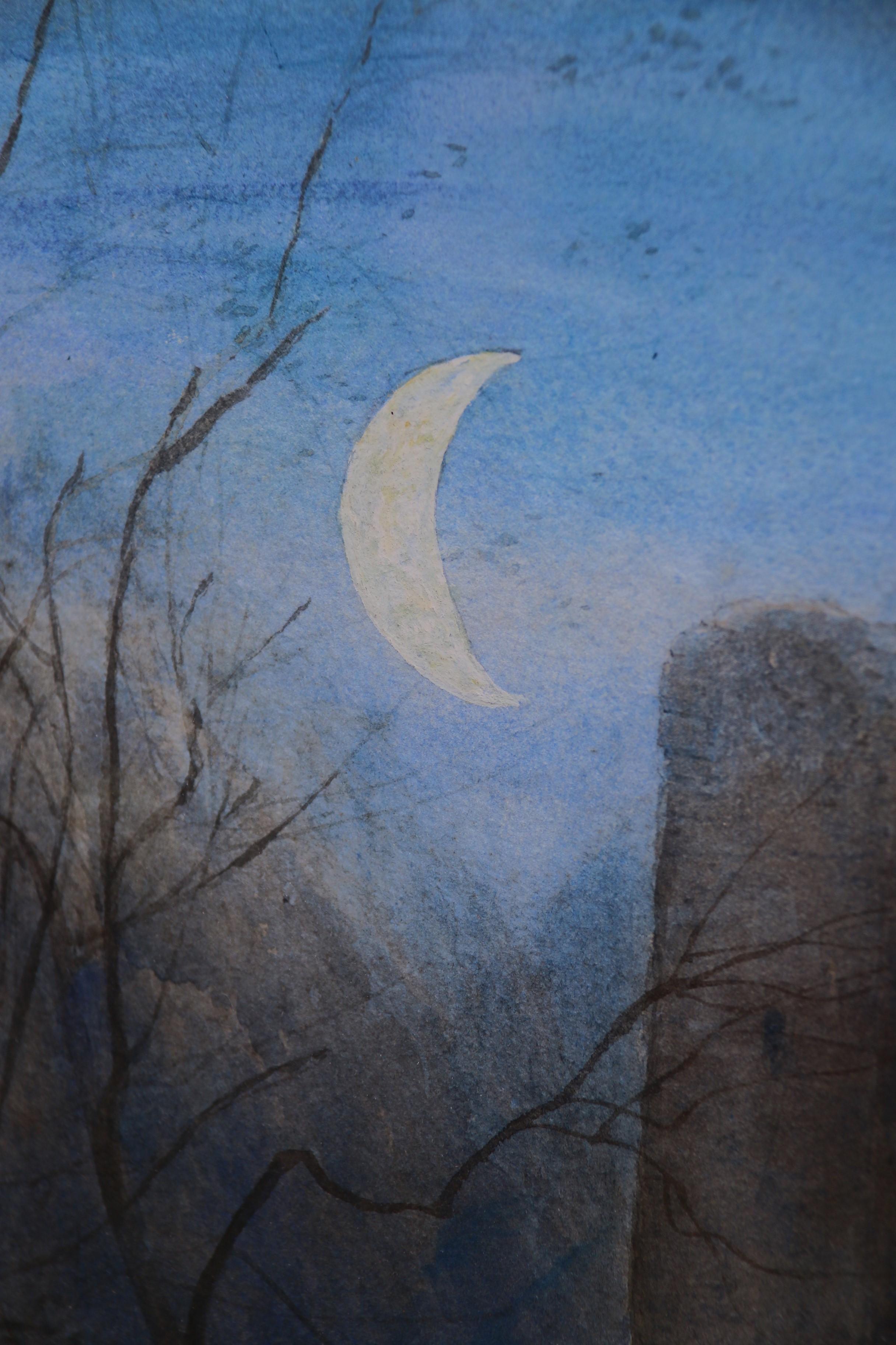 British A  19th C watercolour by Henry Martin Pope of a moonlit castle ruin by a lake. For Sale