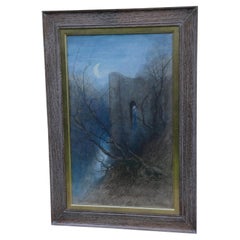 Antique A  19th C watercolour by Henry Martin Pope of a moonlit castle ruin by a lake.