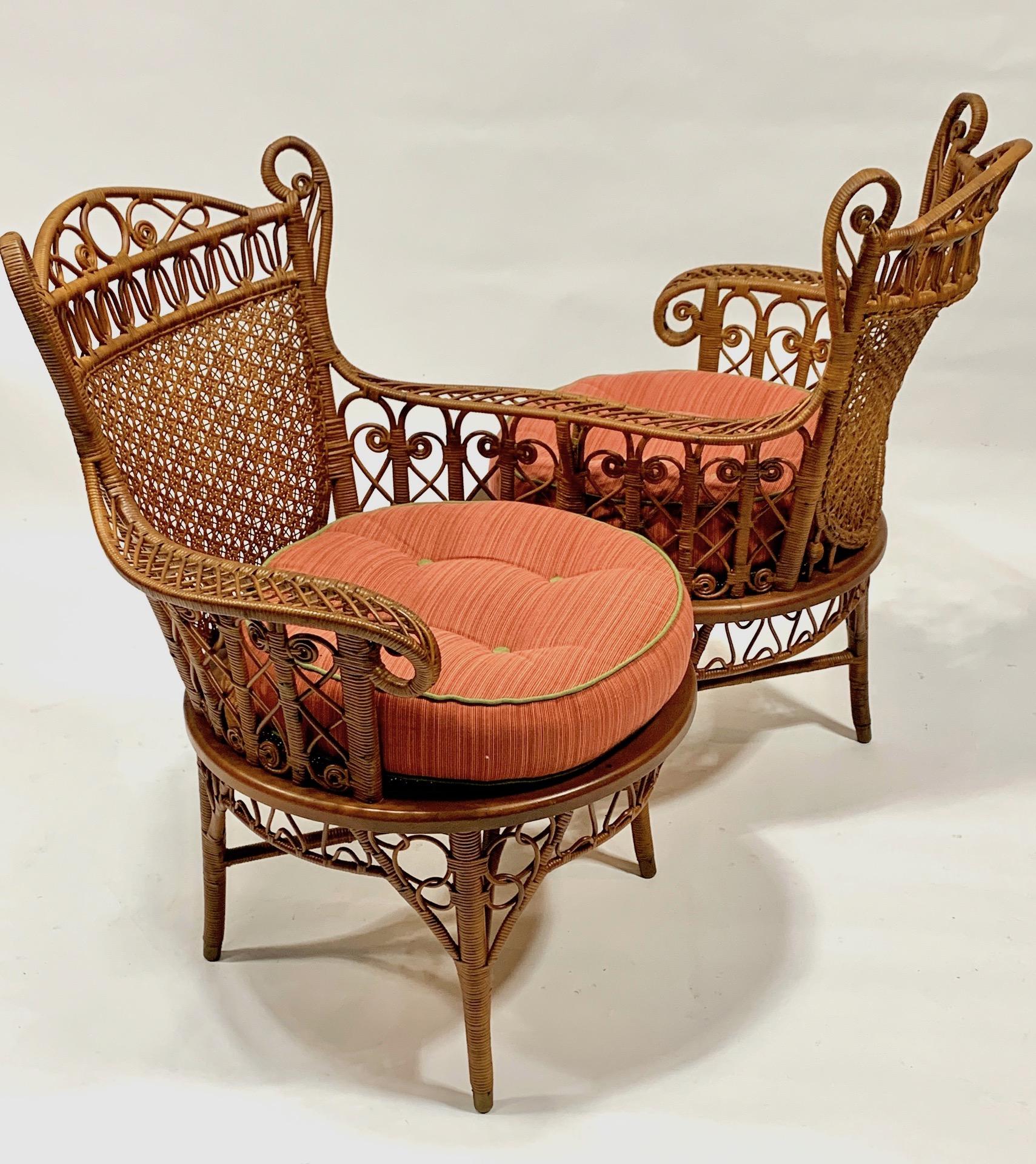 American 19th C. Wicker Conversation Chair with Intricate Caned Backs in Natural Finish