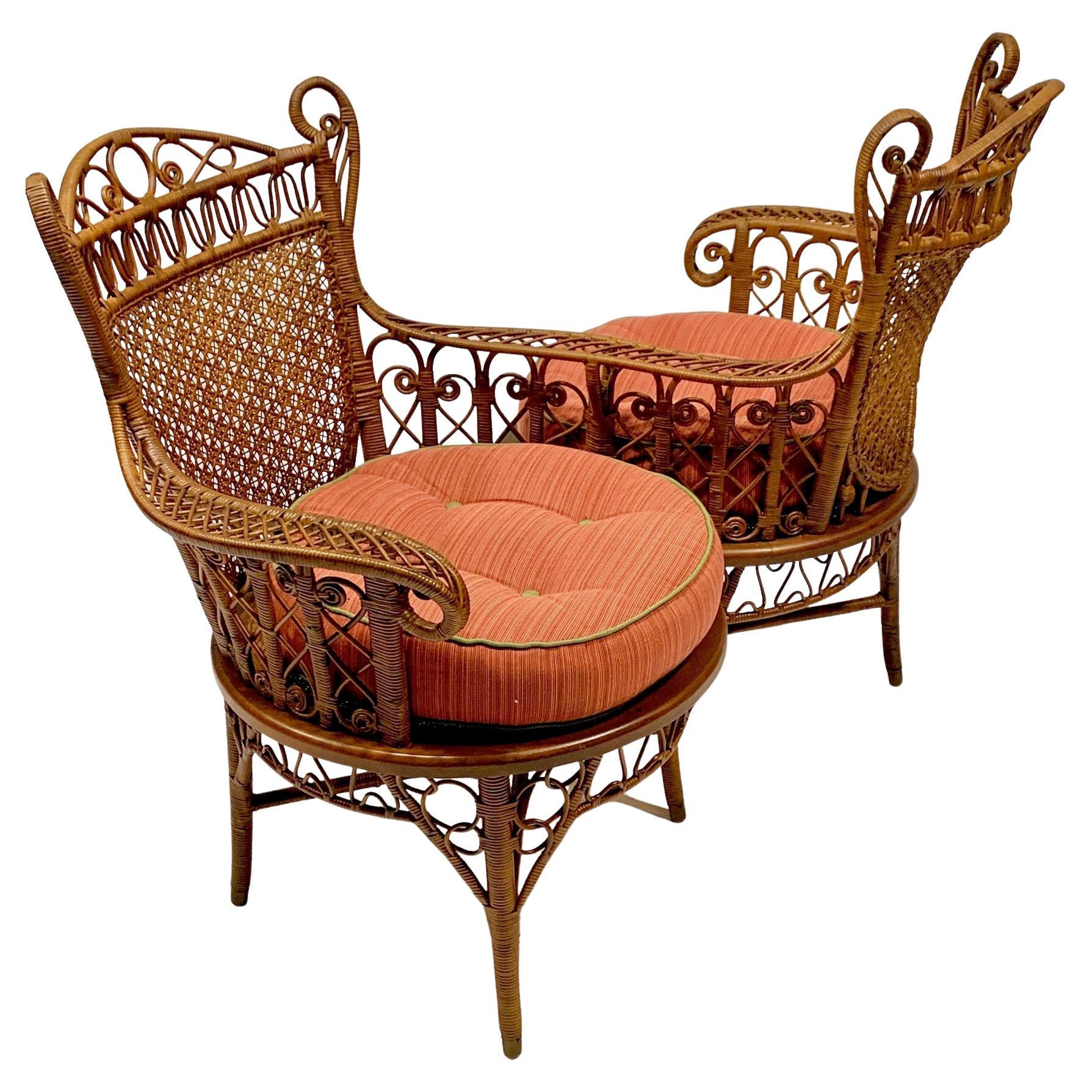 19th C. Wicker Conversation Chair with Intricate Caned Backs in Natural Finish