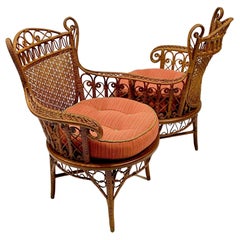 Antique 19th C. Wicker Conversation Chair with Intricate Caned Backs in Natural Finish